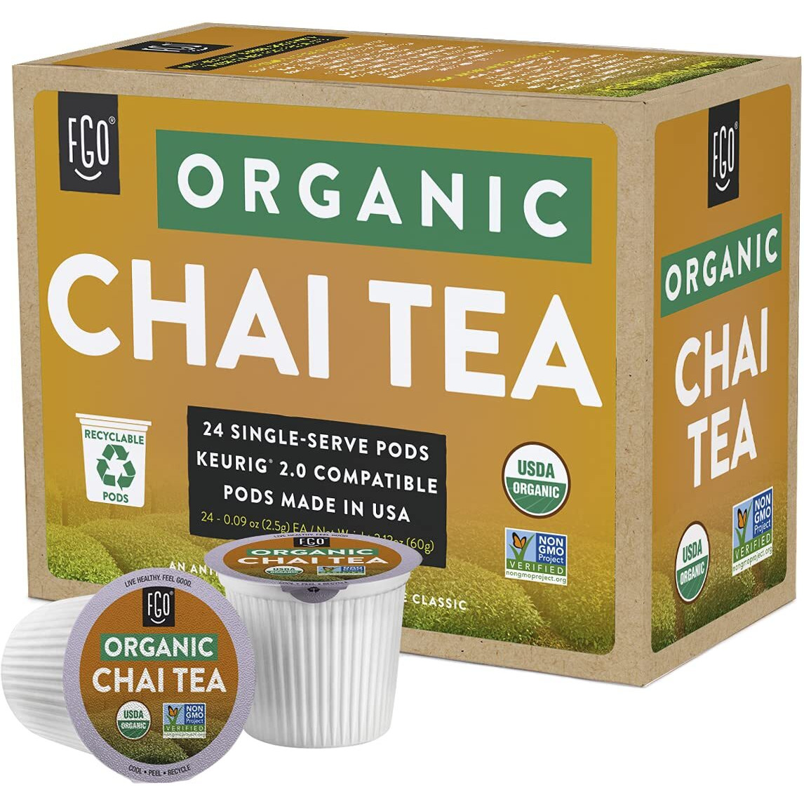 Fgo Organic Chai Black Tea K-Cup Pods For Keurig, 24 Count (Pack Of 1), Premium Black Tea With Chai Spice Is Usda Organic, Non-Gmo, & Recyclable With Naturally Occurring Caffeine
