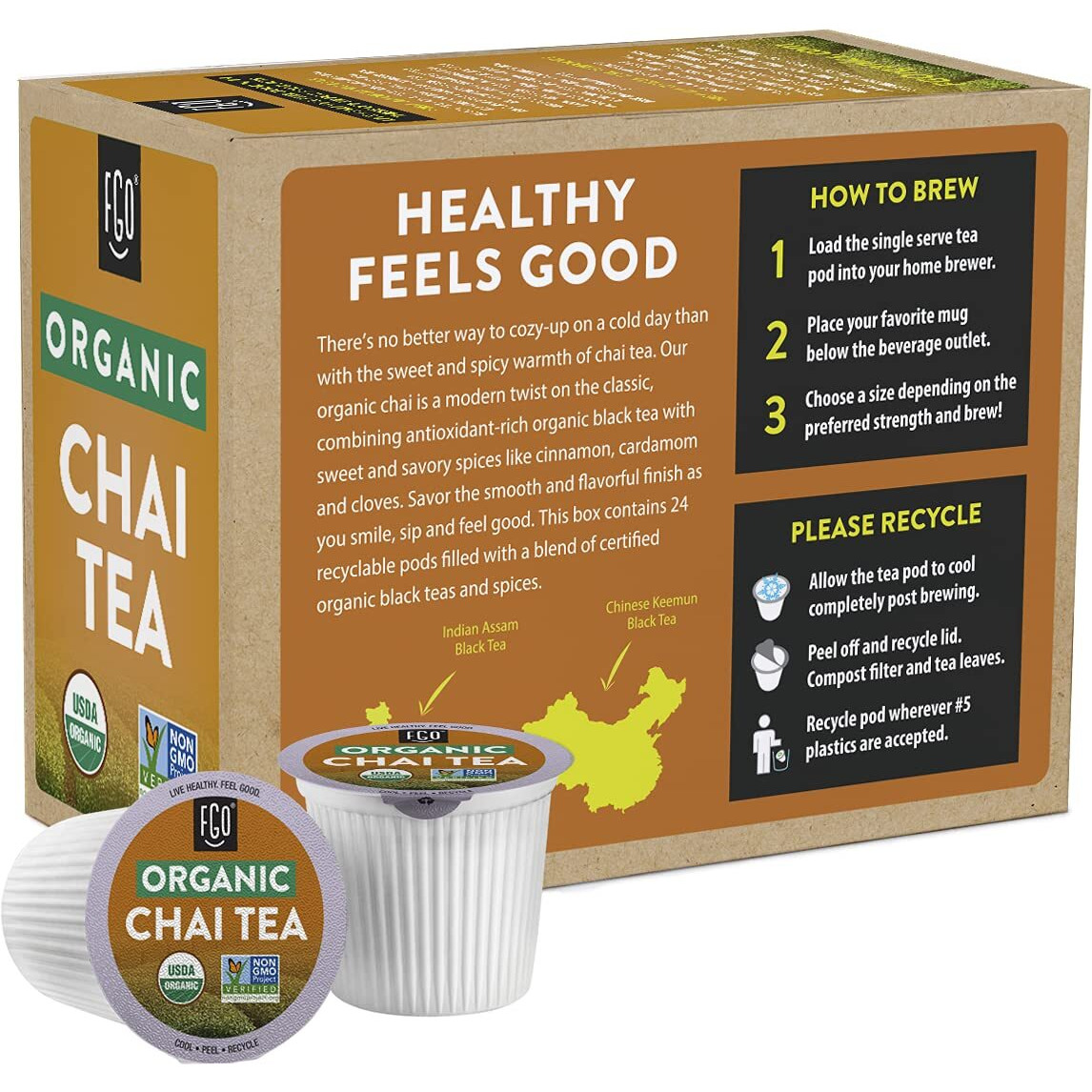 Fgo Organic Chai Black Tea K-Cup Pods For Keurig, 24 Count (Pack Of 1), Premium Black Tea With Chai Spice Is Usda Organic, Non-Gmo, & Recyclable With Naturally Occurring Caffeine