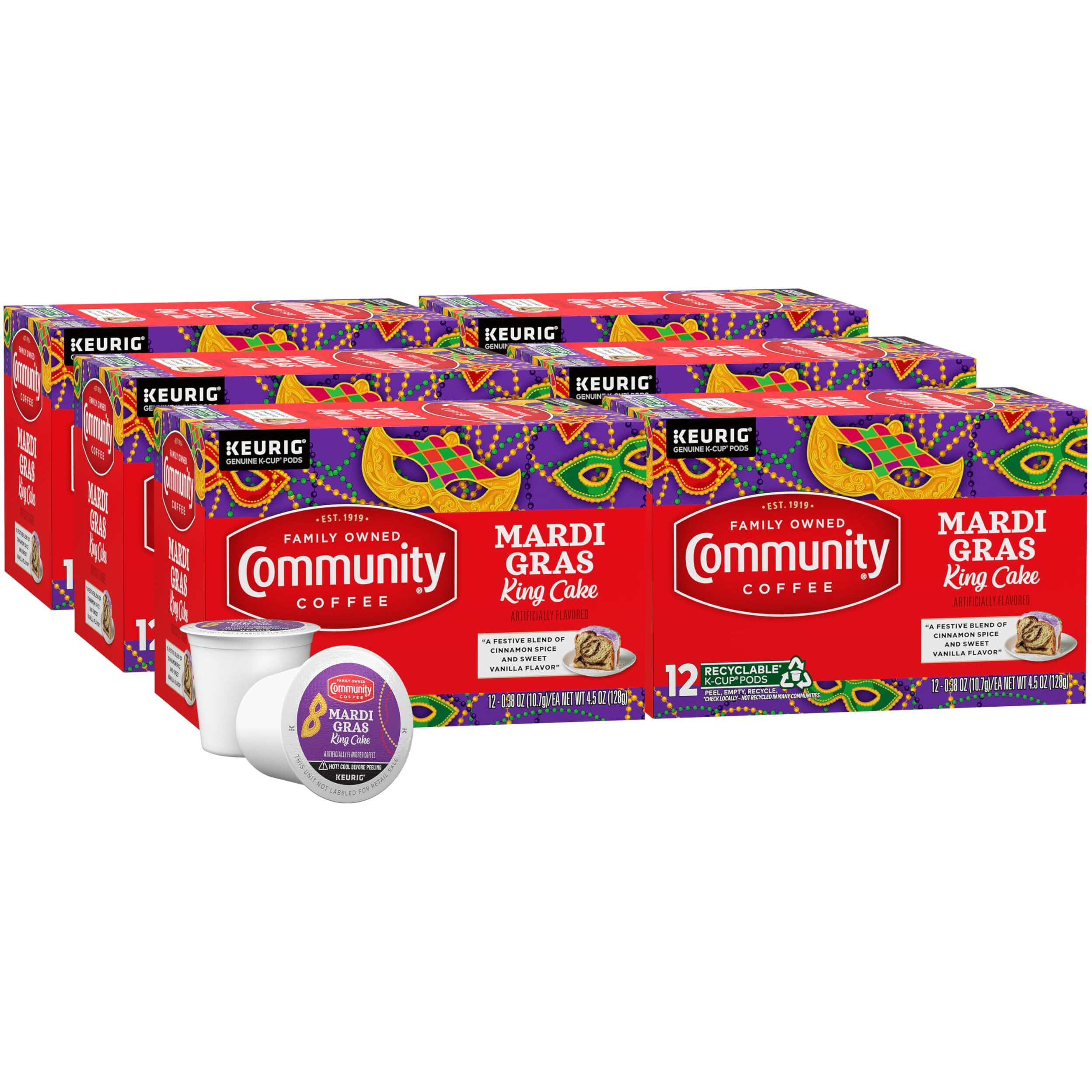 Community Coffee Mardi Gras King Cake Flavored 72 Count Coffee Pods, Medium Roast, Compatible With Keurig 2.0 K-Cup Brewers (Pack Of 6, 72 Count)