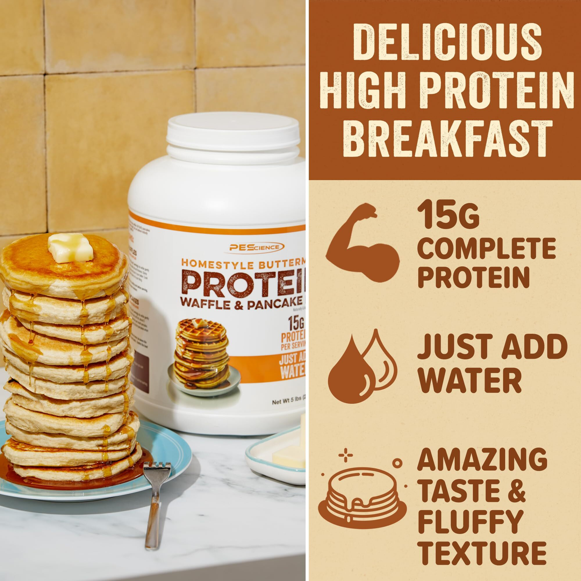 Pescience Protein Pancake & Waffle Mix, Homestyle Buttermilk, 15G High Protein Snacks, Whey And Casein Blend, 36 Servings, Just Add Water