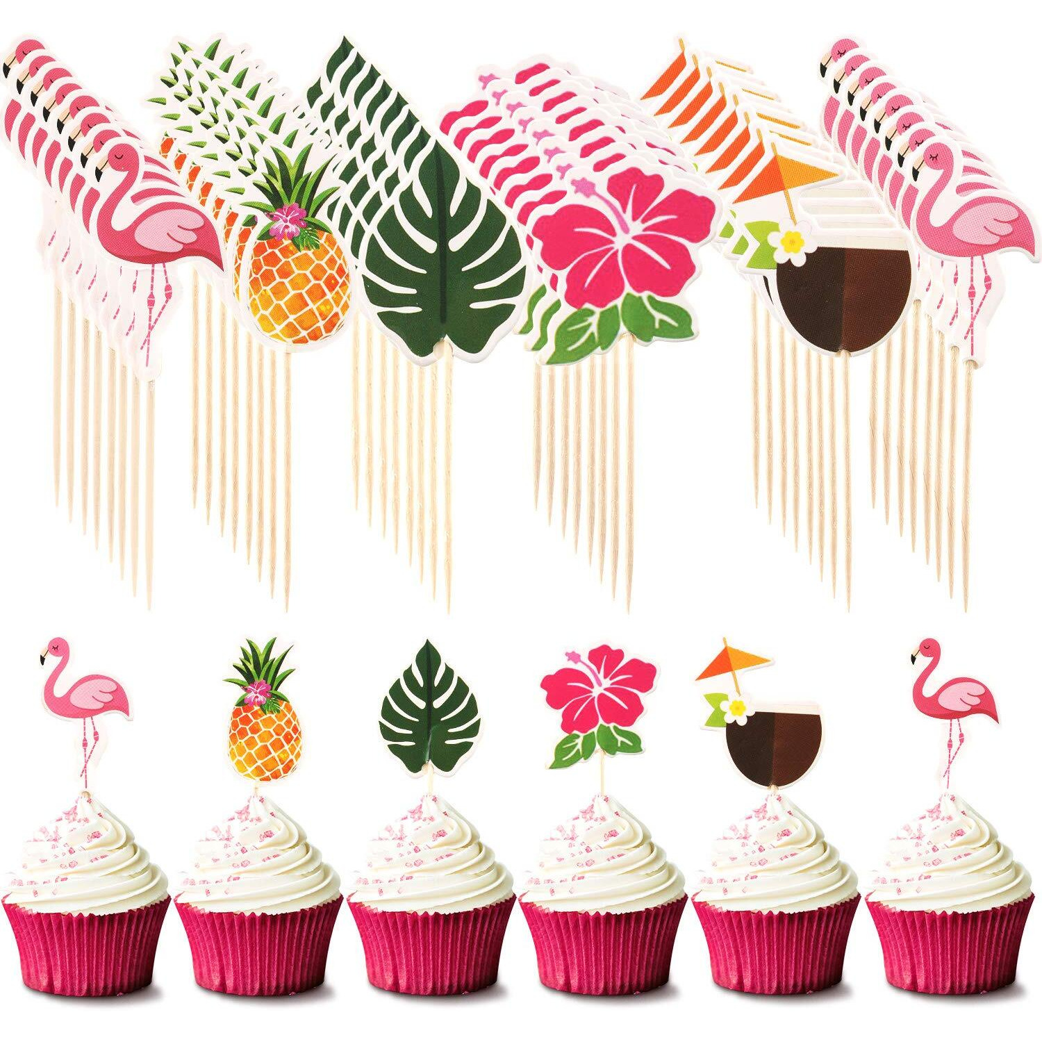 Luau Cupcake Toppers TropicalCake Decorations Hawaiian Toothpicks Sticks With Flamingo Pineapple Palm Leaves Shape Picks For Summer Beach Theme Party Favors Supplies, 6 Styles (144)