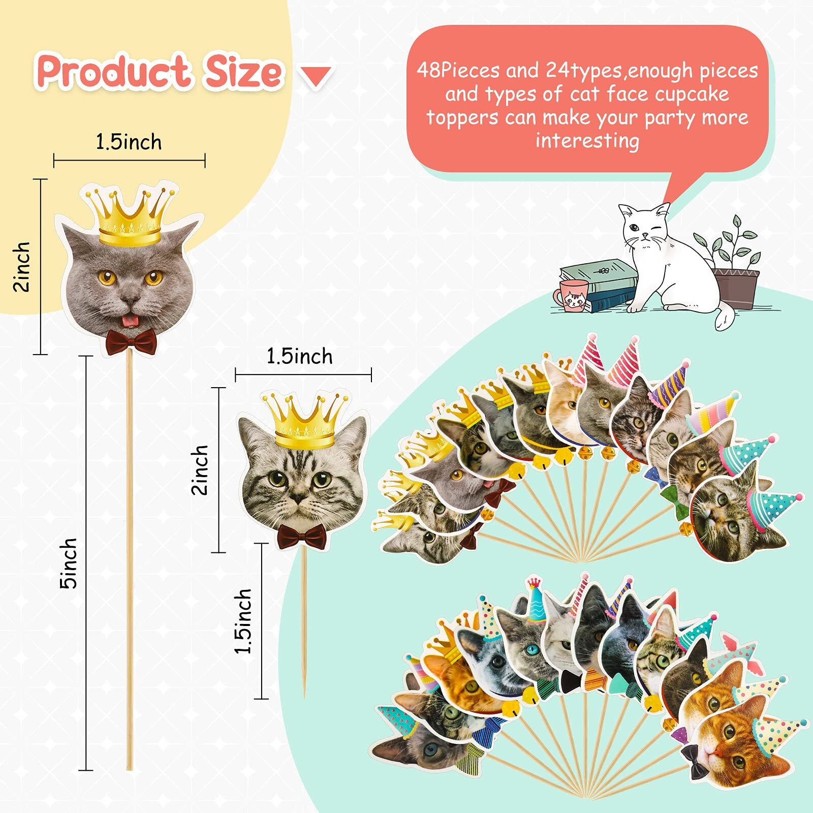 48 Pieces Cat Face Cupcake Toppers Cute Cat Head Cupcake Toothpicks For Cat Themed Birthday Party Favors, Cat Birthday Party Supplies Decorations