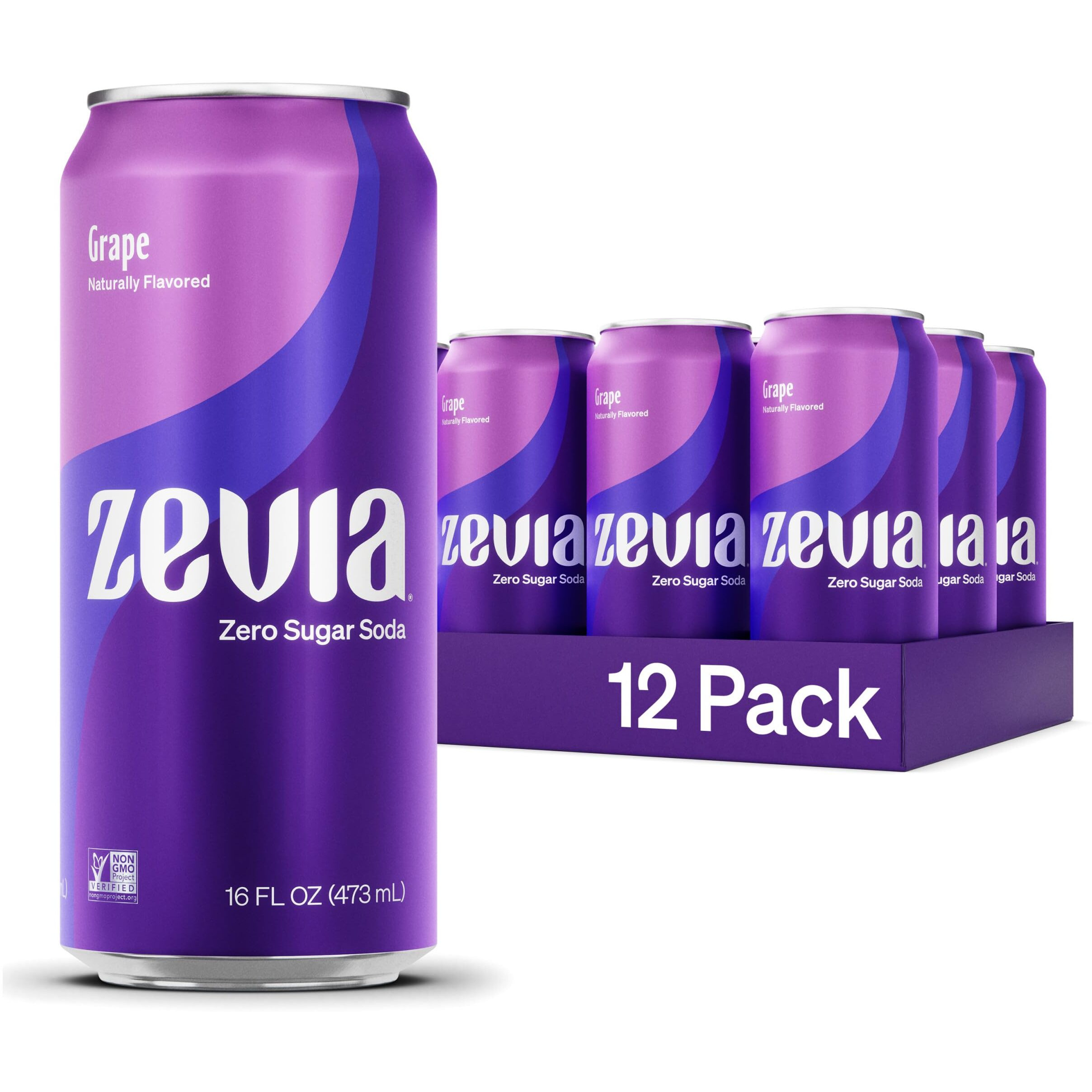 Zevia Zero Sugar Soda, Grape, 16 Oz Cans (12-Pack) - Naturally Sweetened, Non-Gmo Project Verified, Gluten-Free, Vegan