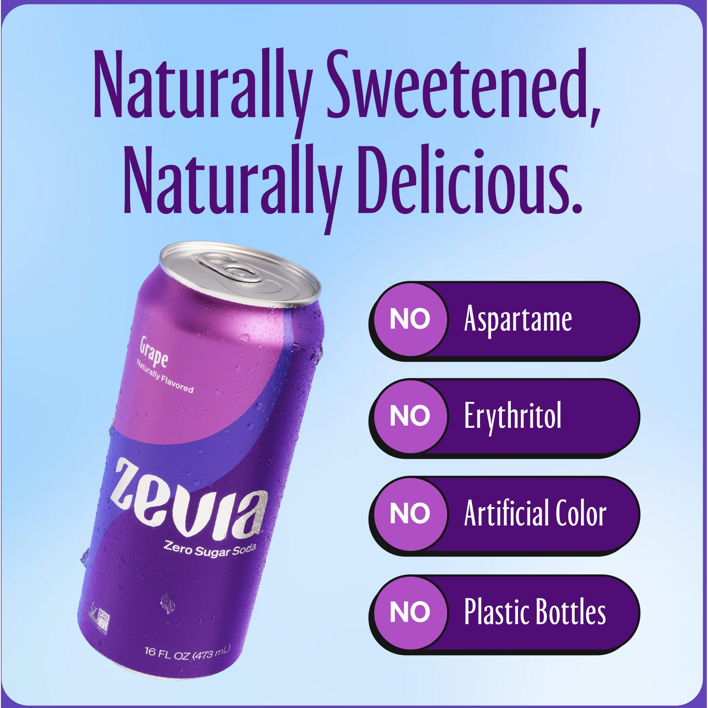 Zevia Zero Sugar Soda, Grape, 16 Oz Cans (12-Pack) - Naturally Sweetened, Non-Gmo Project Verified, Gluten-Free, Vegan
