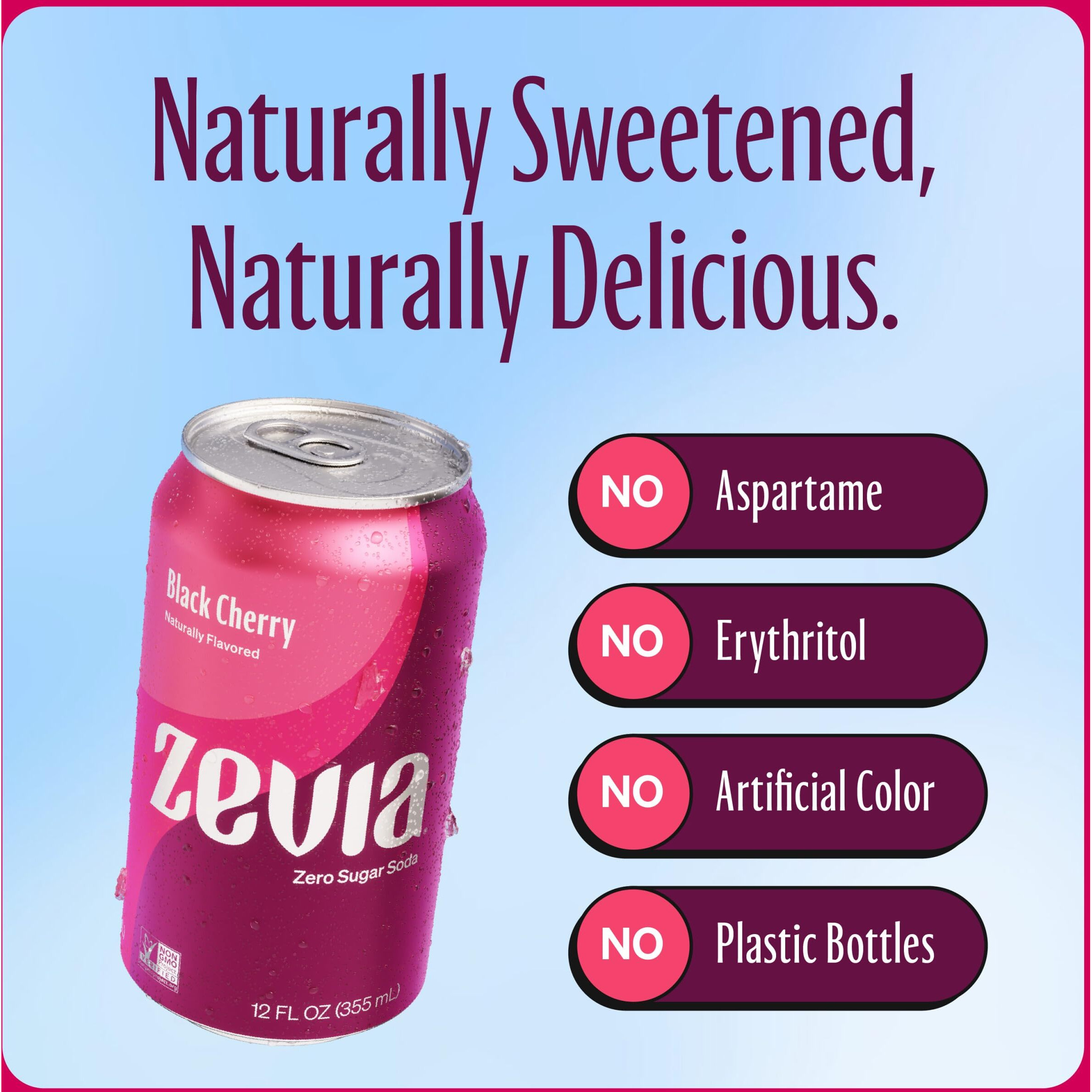 Zevia Zero Sugar Soda, Black Cherry, 12 Oz Cans (24-Pack) - Naturally Sweetened, Non-Gmo Project Verified, Gluten-Free, Vegan