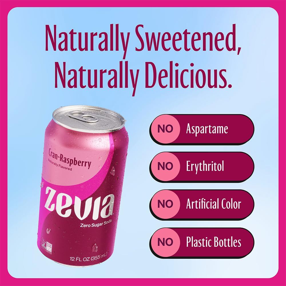 Zevia Zero Sugar Soda, Cran-Raspberry, 12 Oz Cans (24-Pack) - Naturally Sweetened, Non-Gmo Project Verified, Gluten-Free, Vegan