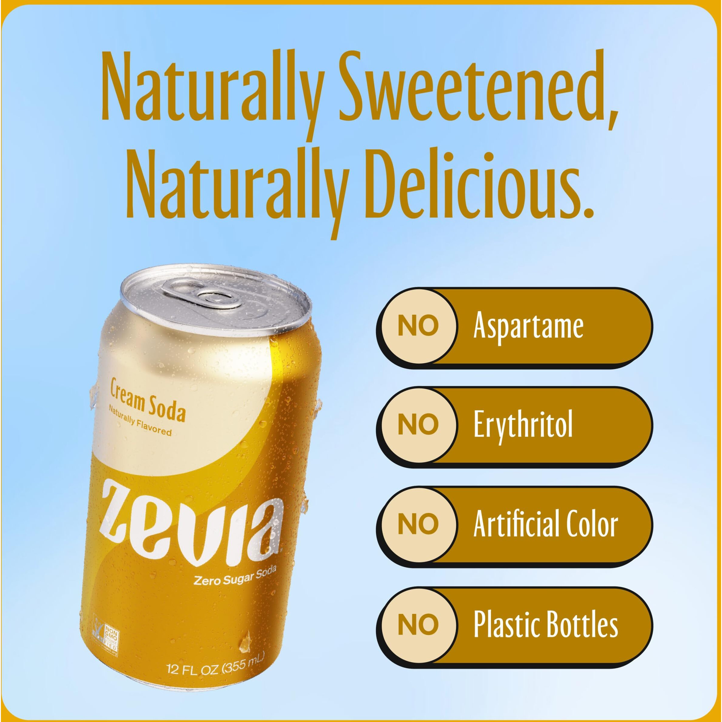Zevia Zero Sugar Soda, Cream Soda, 12 Oz Cans (24-Pack) - Naturally Sweetened, Non-Gmo Project Verified, Gluten-Free, Vegan