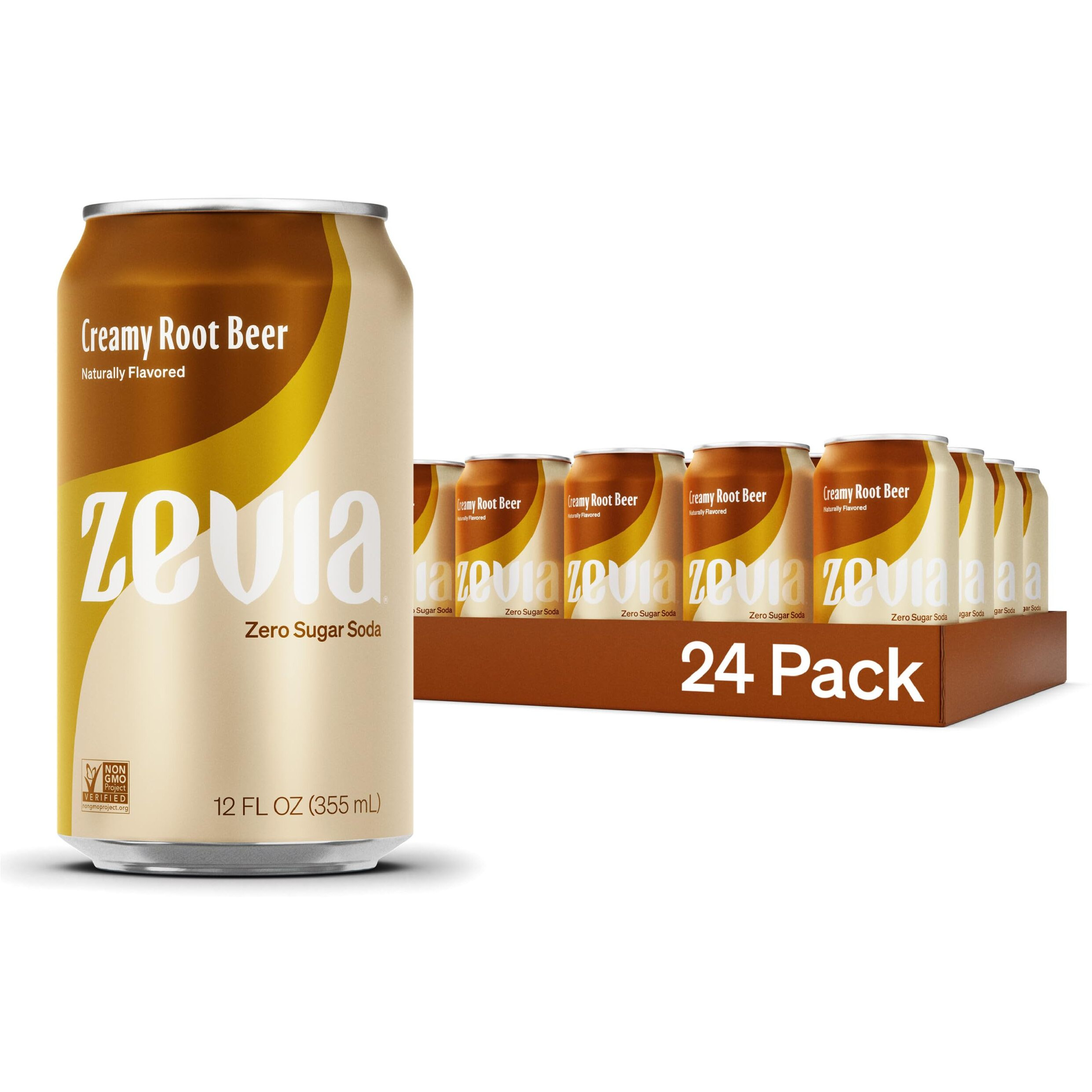 Zevia Zero Sugar Soda, Creamy Root Beer, 12 Oz Cans (24-Pack) - Naturally Sweetened, Non-Gmo Project Verified, Gluten-Free, Vegan