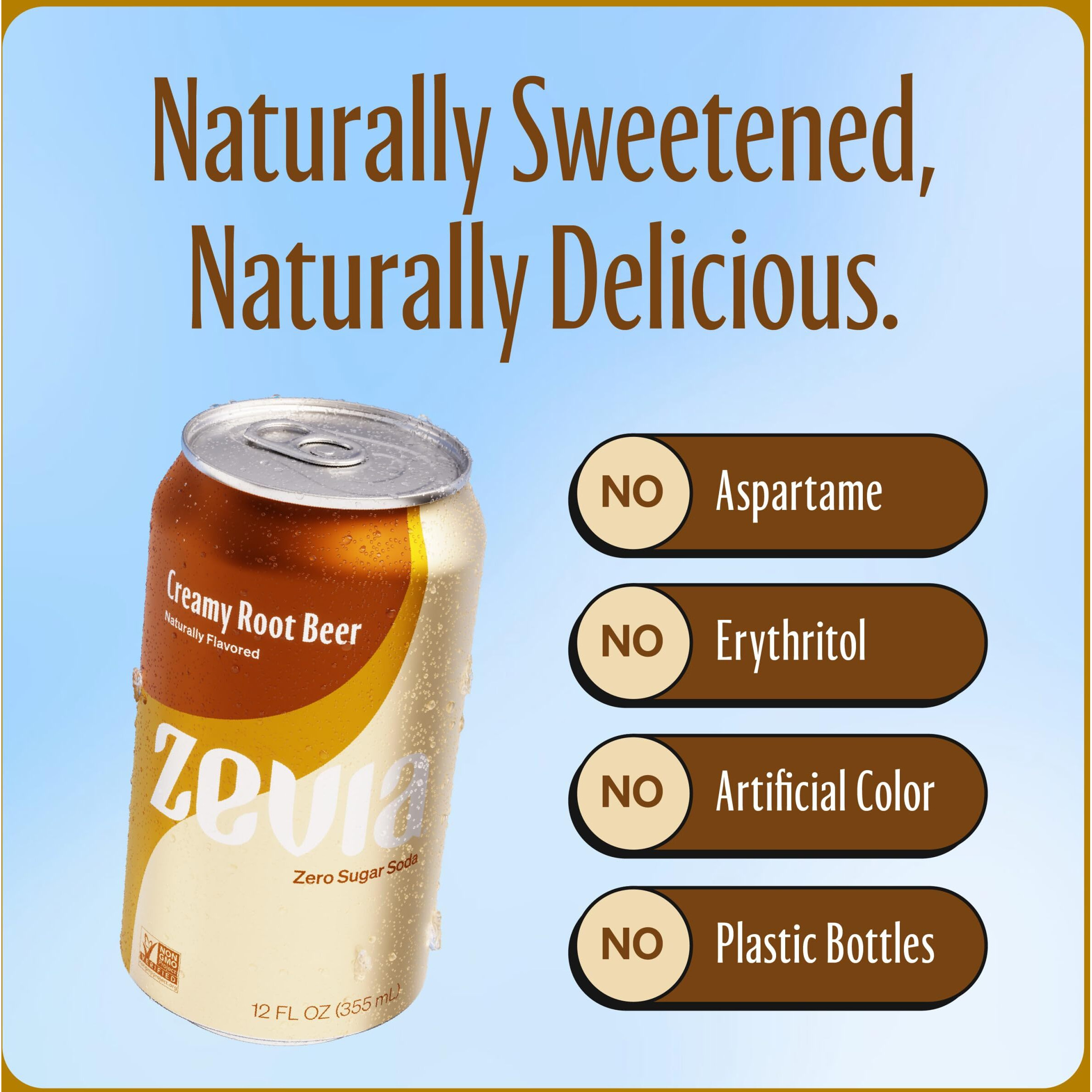 Zevia Zero Sugar Soda, Creamy Root Beer, 12 Oz Cans (24-Pack) - Naturally Sweetened, Non-Gmo Project Verified, Gluten-Free, Vegan