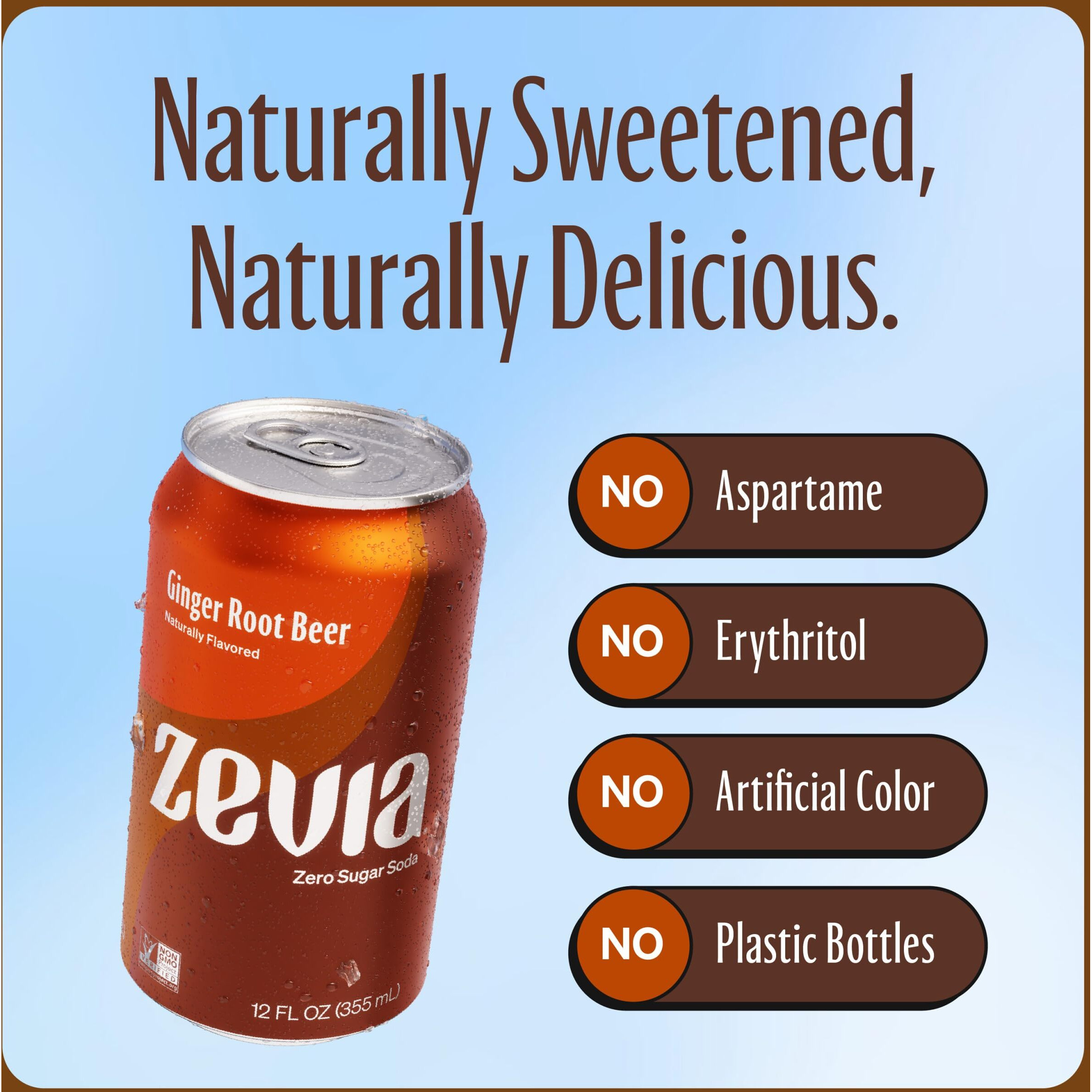 Zevia Zero Sugar Soda, Ginger Root Beer, 12 Oz Cans (24-Pack) - Naturally Sweetened, Zero Calorie Sugar Free Soda - Non-Gmo Project Verified, Gluten-Free, Vegan