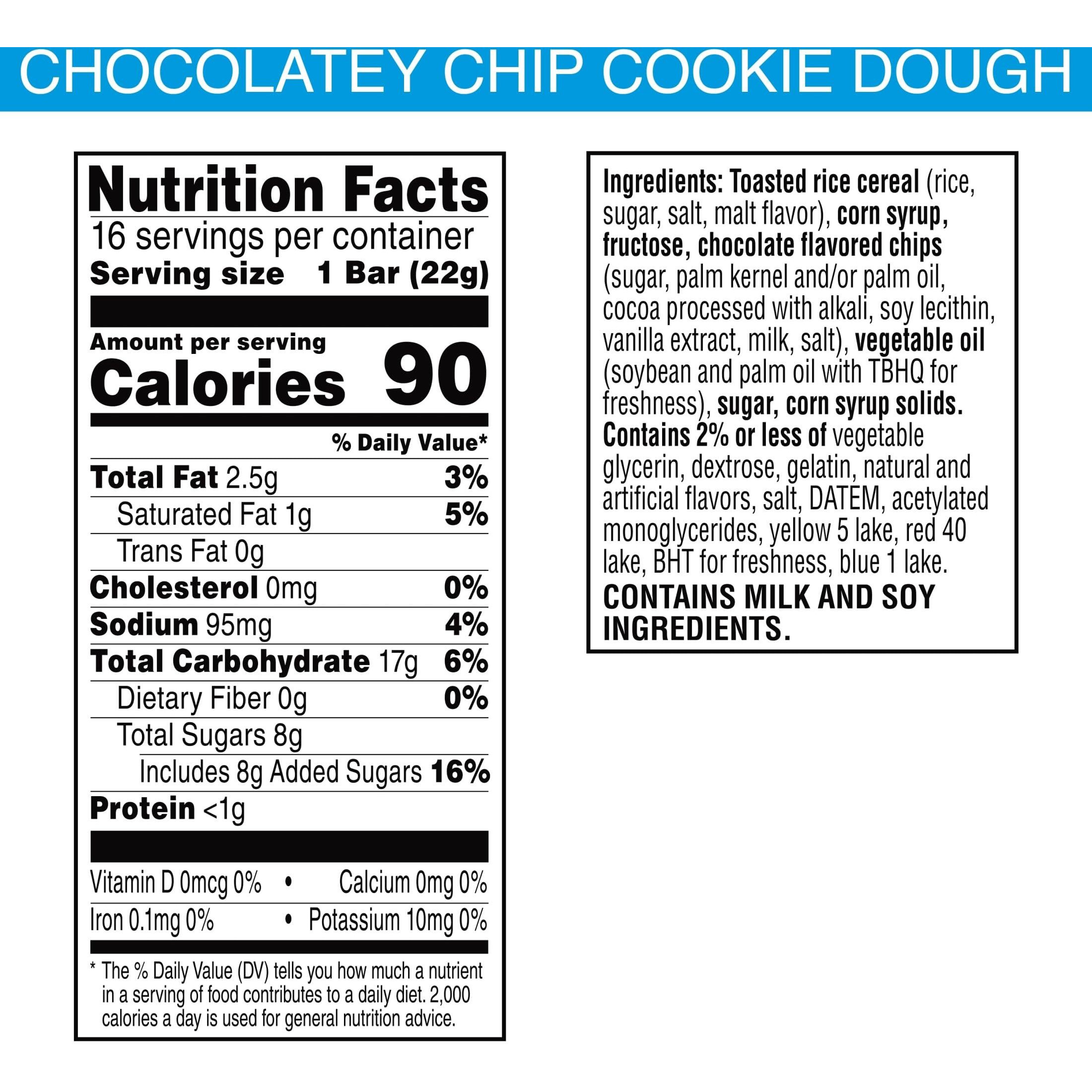 Rice Krispies Treats Marshmallow Snack Bars, Lunch Snacks, Chocolatey Chip Cookie Dough, 12.4Oz Box (16 Count)