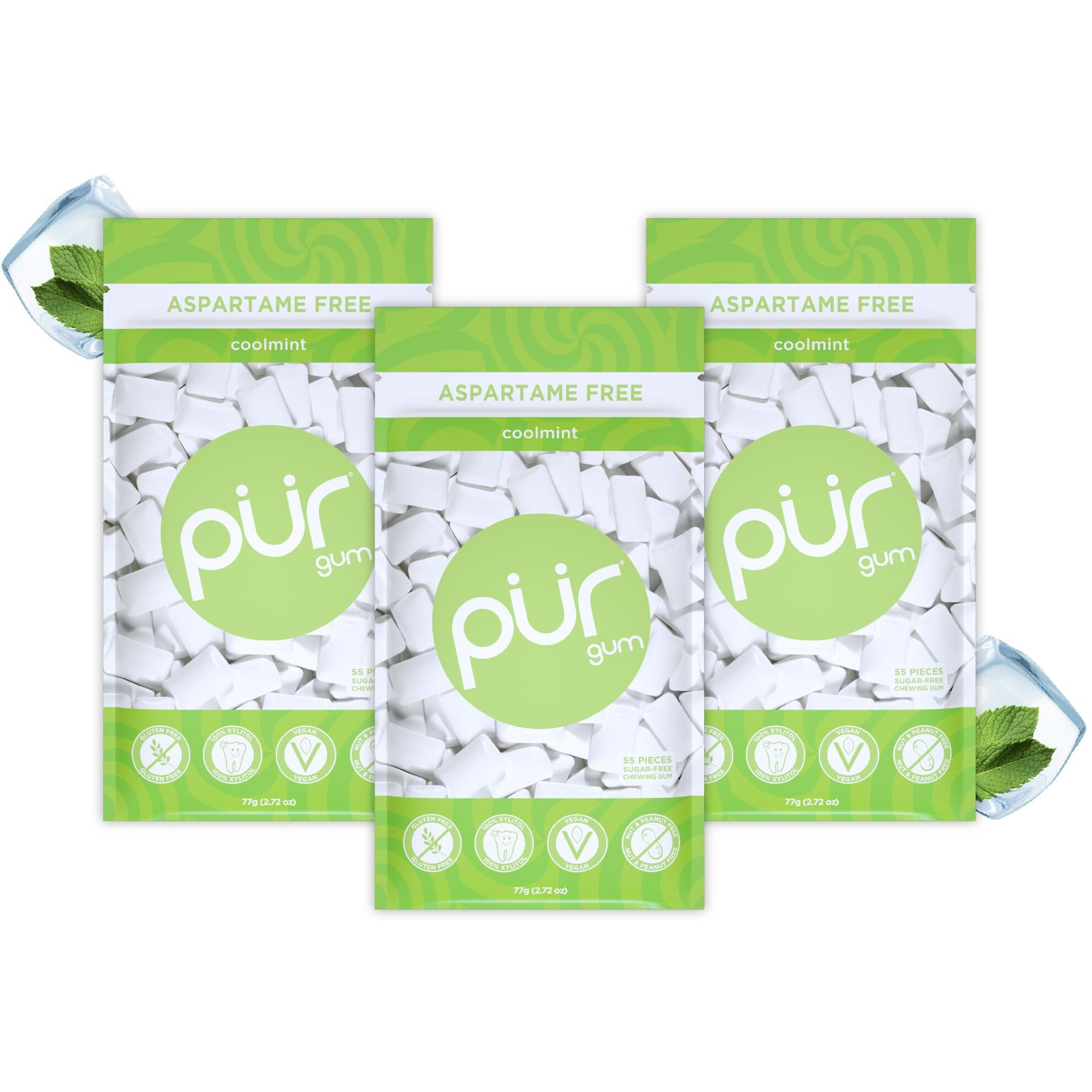 Pur Gum | Aspartame Free Chewing Gum | 100% Xylitol | Natural Coolmint Flavored Gum, 55 Pieces (Pack Of 3)