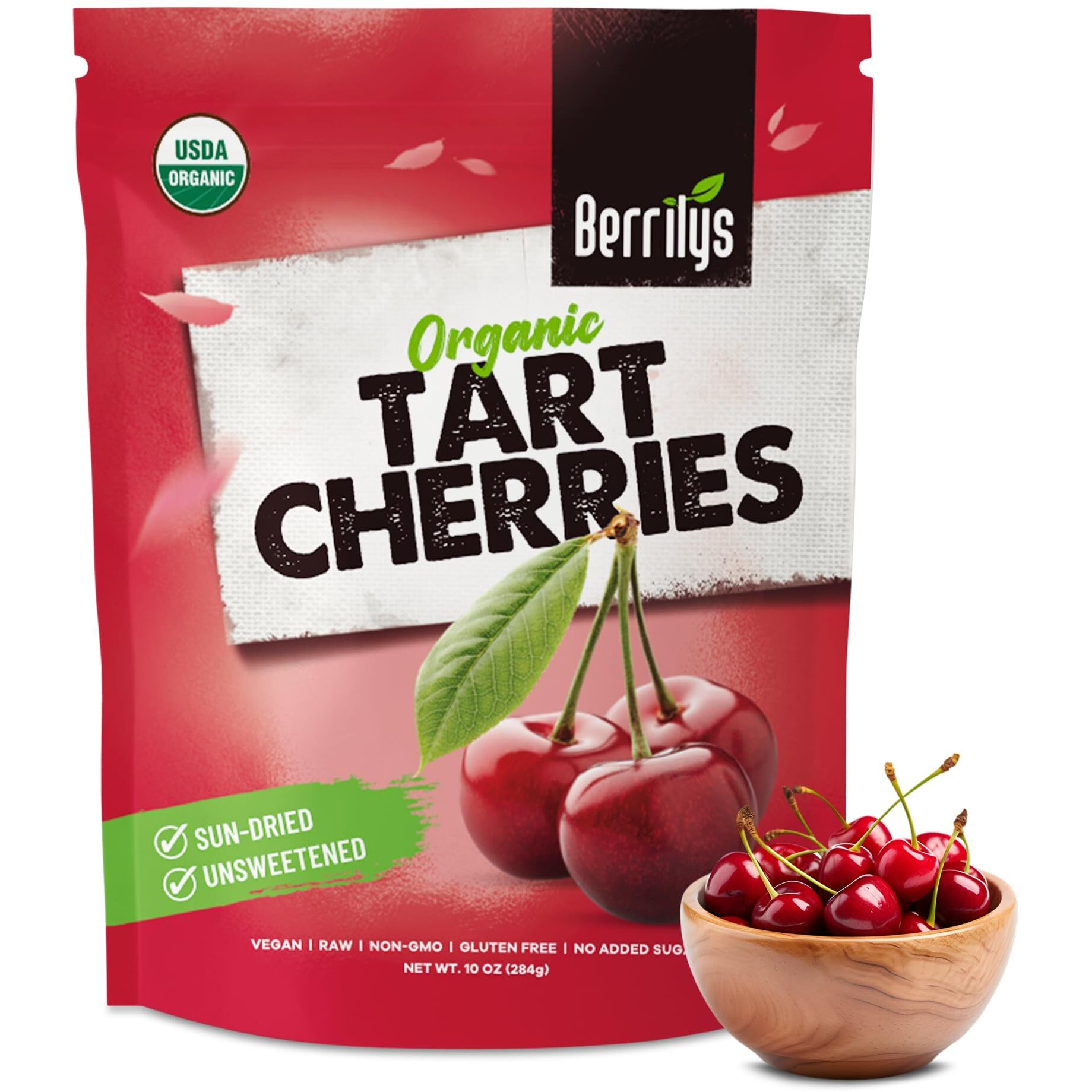 Berrilys Organic Dried Tart Cherries - Sun-Dried - Natural Flavor - Pitted Cherries For Healthy Snacking - Packed With Nutrients - Ideal For Smoothies, Baked Goods, Or Treats - Resealable Bag - 10 Oz