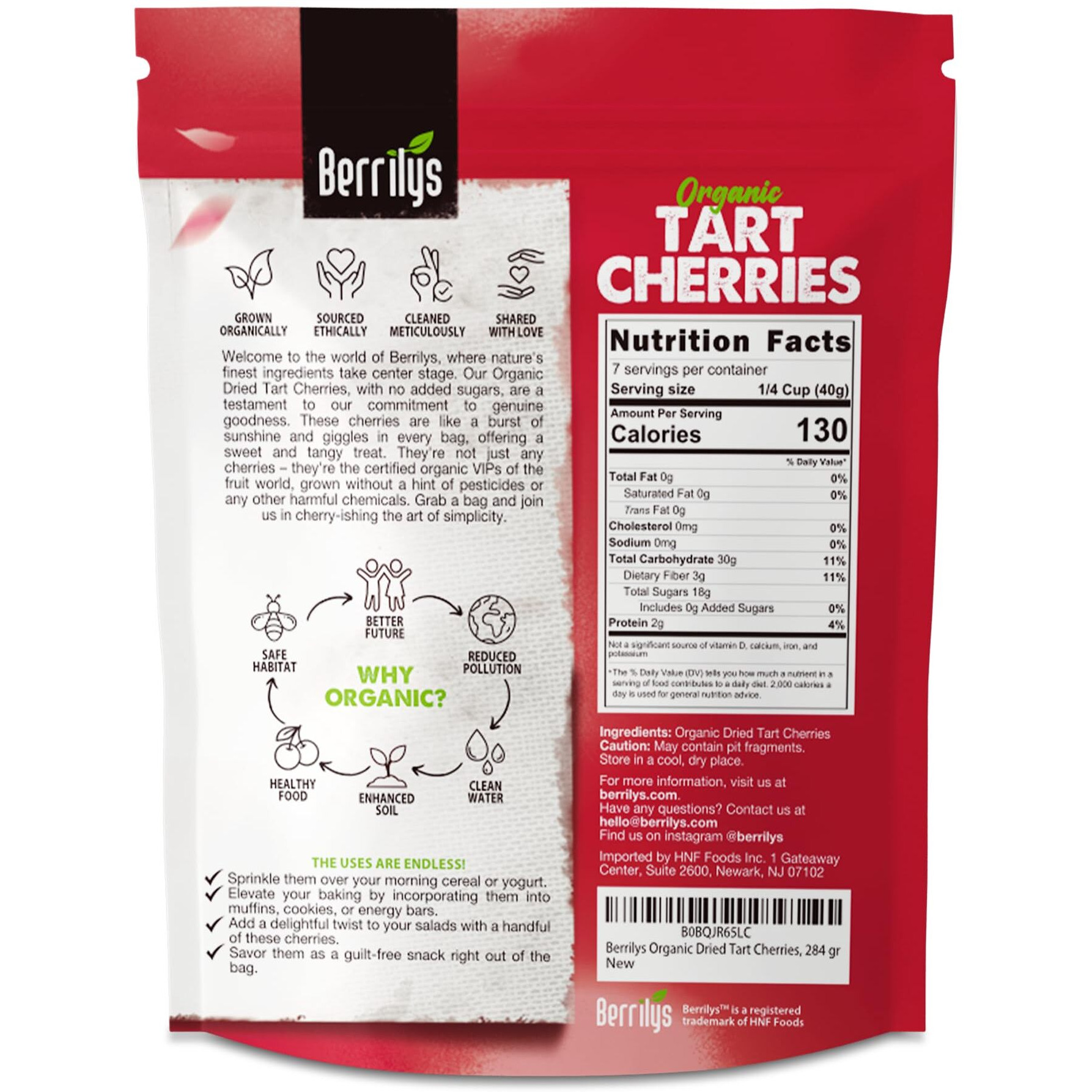 Berrilys Organic Dried Tart Cherries - Sun-Dried - Natural Flavor - Pitted Cherries For Healthy Snacking - Packed With Nutrients - Ideal For Smoothies, Baked Goods, Or Treats - Resealable Bag - 10 Oz