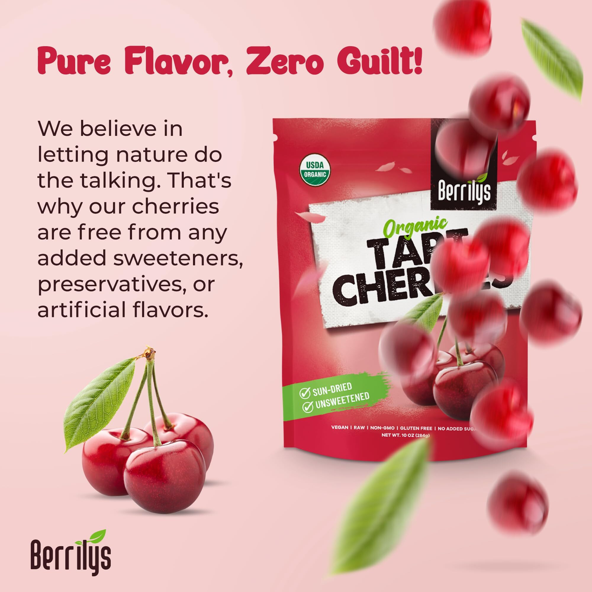 Berrilys Organic Dried Tart Cherries - Sun-Dried - Natural Flavor - Pitted Cherries For Healthy Snacking - Packed With Nutrients - Ideal For Smoothies, Baked Goods, Or Treats - Resealable Bag - 10 Oz