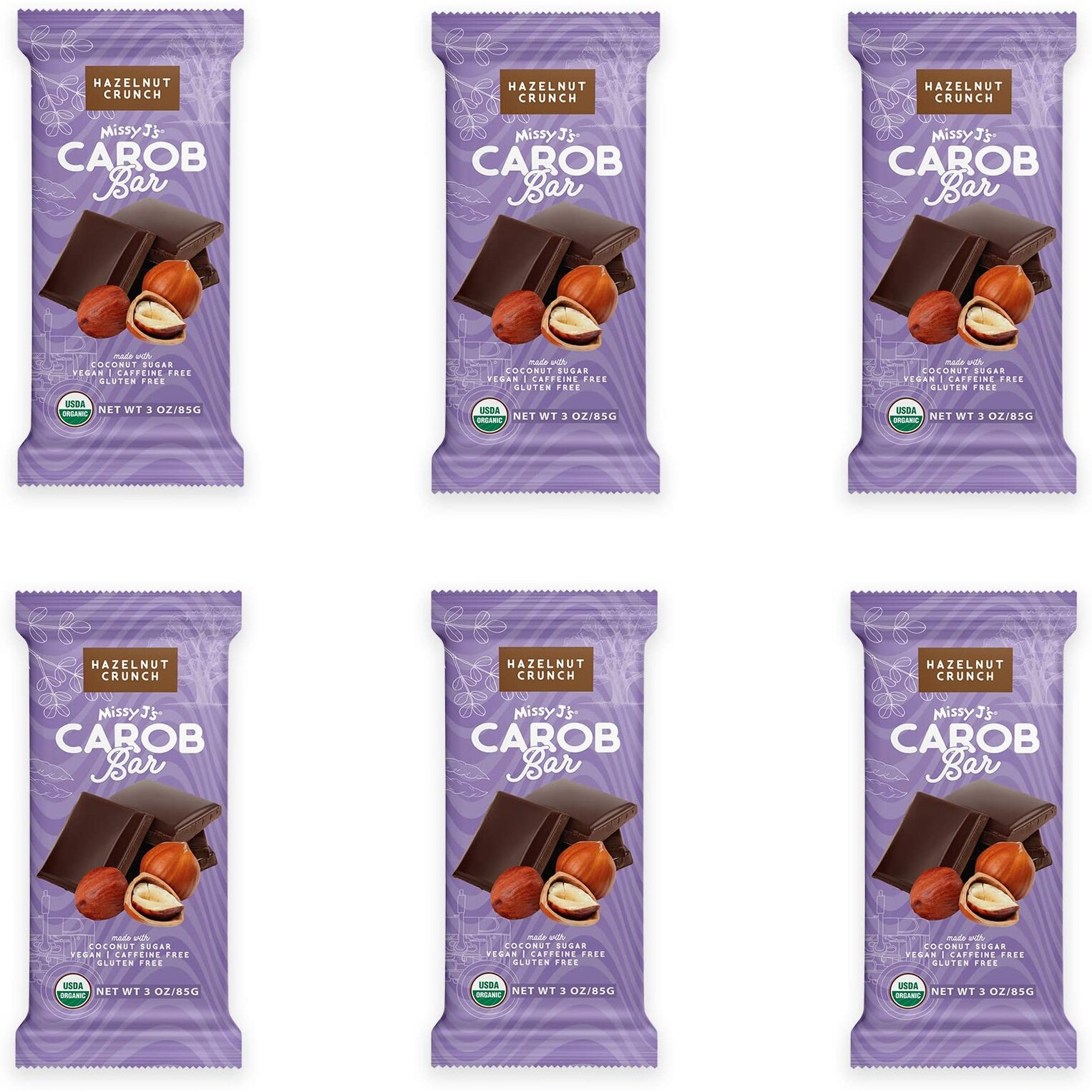 Missy J's Organic Carob Bars Hazelnut 3 Oz 6 Pack, Made With Coconut Sugar, Vegan, Gluten And Caffeine Free, Healthy Substitute For Chocolate, Perfect For Snacks And Treats
