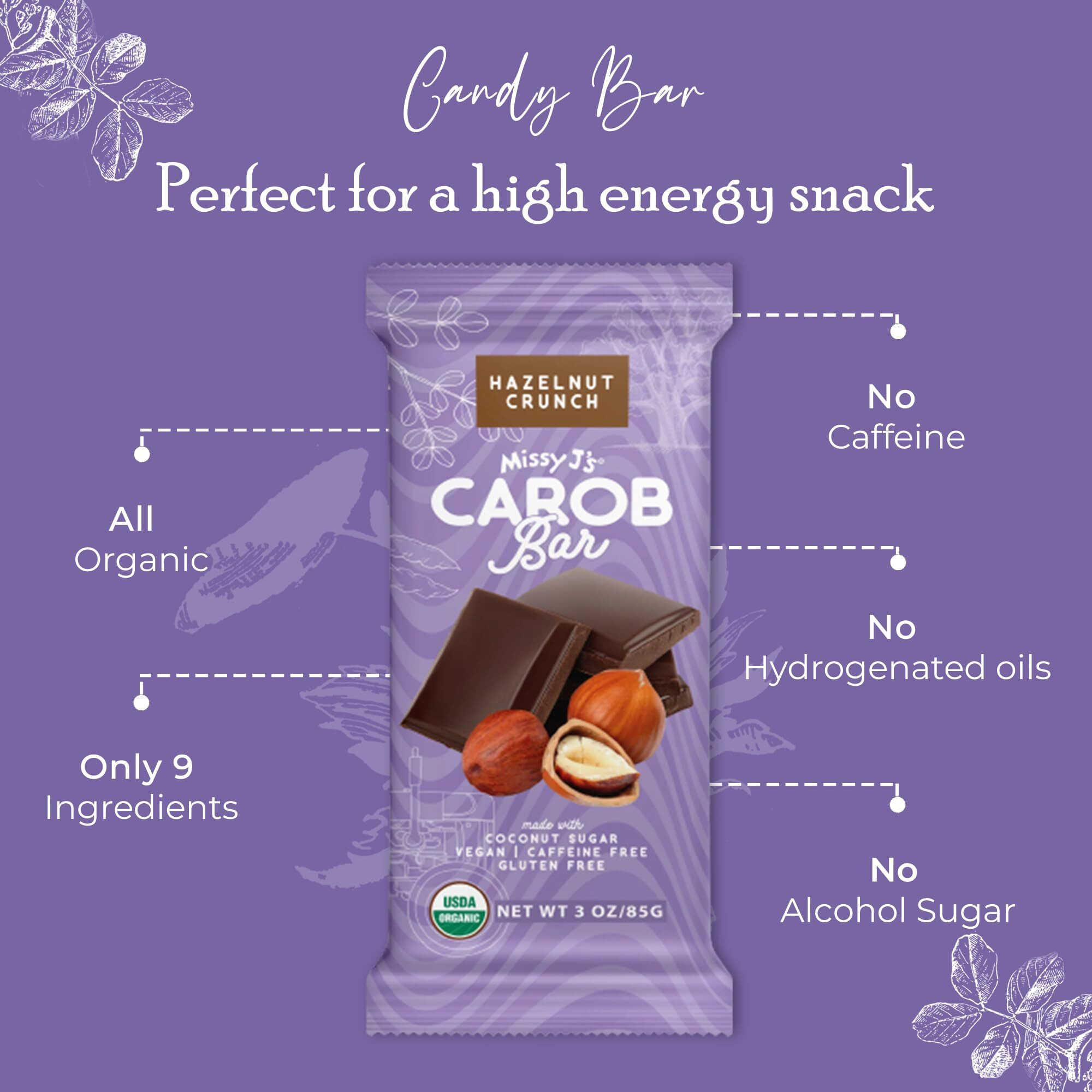 Missy J's Organic Carob Bars Hazelnut 3 Oz 6 Pack, Made With Coconut Sugar, Vegan, Gluten And Caffeine Free, Healthy Substitute For Chocolate, Perfect For Snacks And Treats