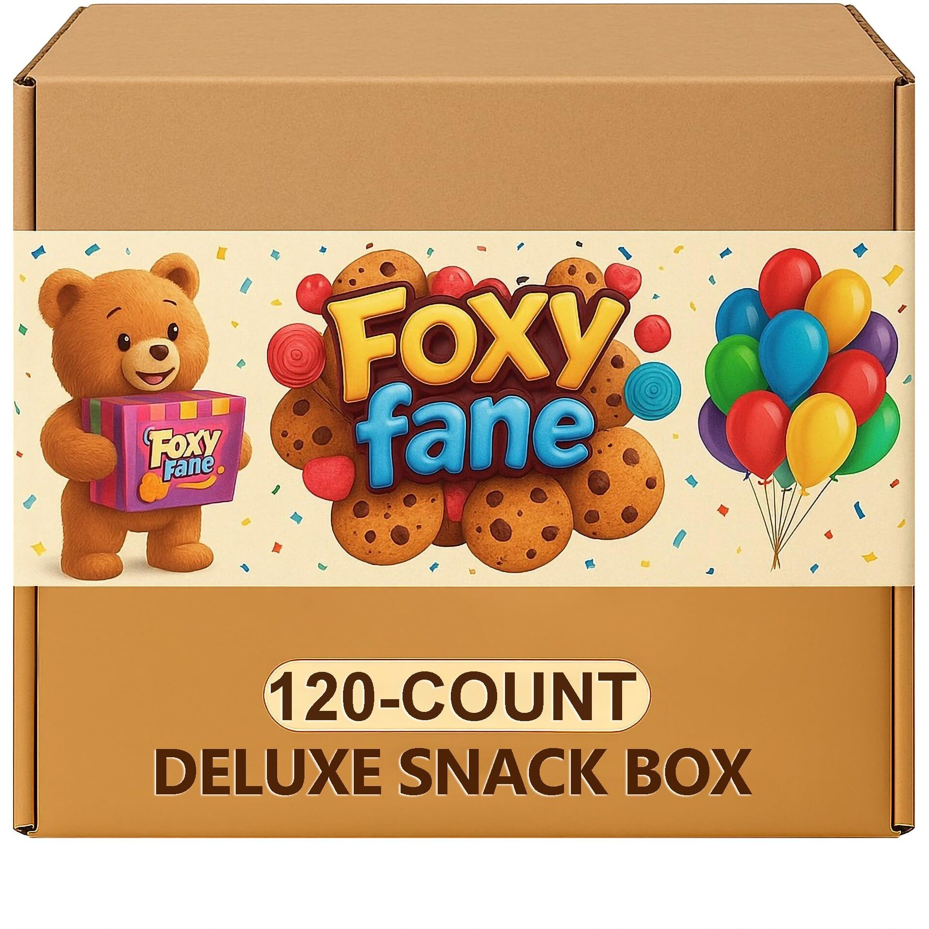 Foxy Fane 120 Count Deluxe Snack Box - Ultimate Gift Care Package With Variety Assortment Of Crackers, Cookies, Candy, Chips & Other Snacks - Bulk Bundle Of Delicious Treats (120 Snacks)