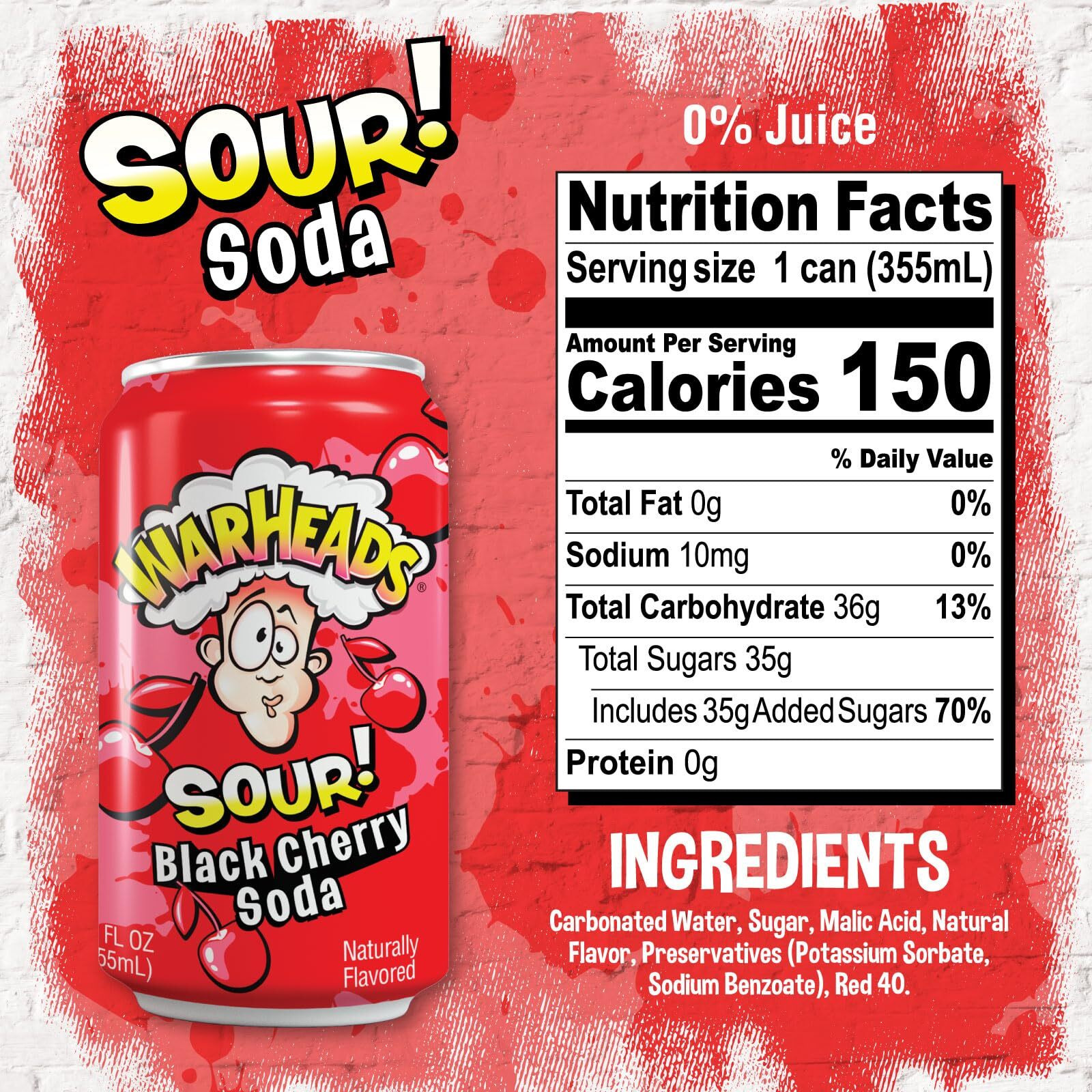 Sour Fruity Soda With Classic Warheads Flavors - Perfectly Balanced Sweet And Sour Soda - Warheads Candy Throwback Treat, Soda, Cocktail Mixer, Pack Of 12, 12Oz Cans (Black Cherry)