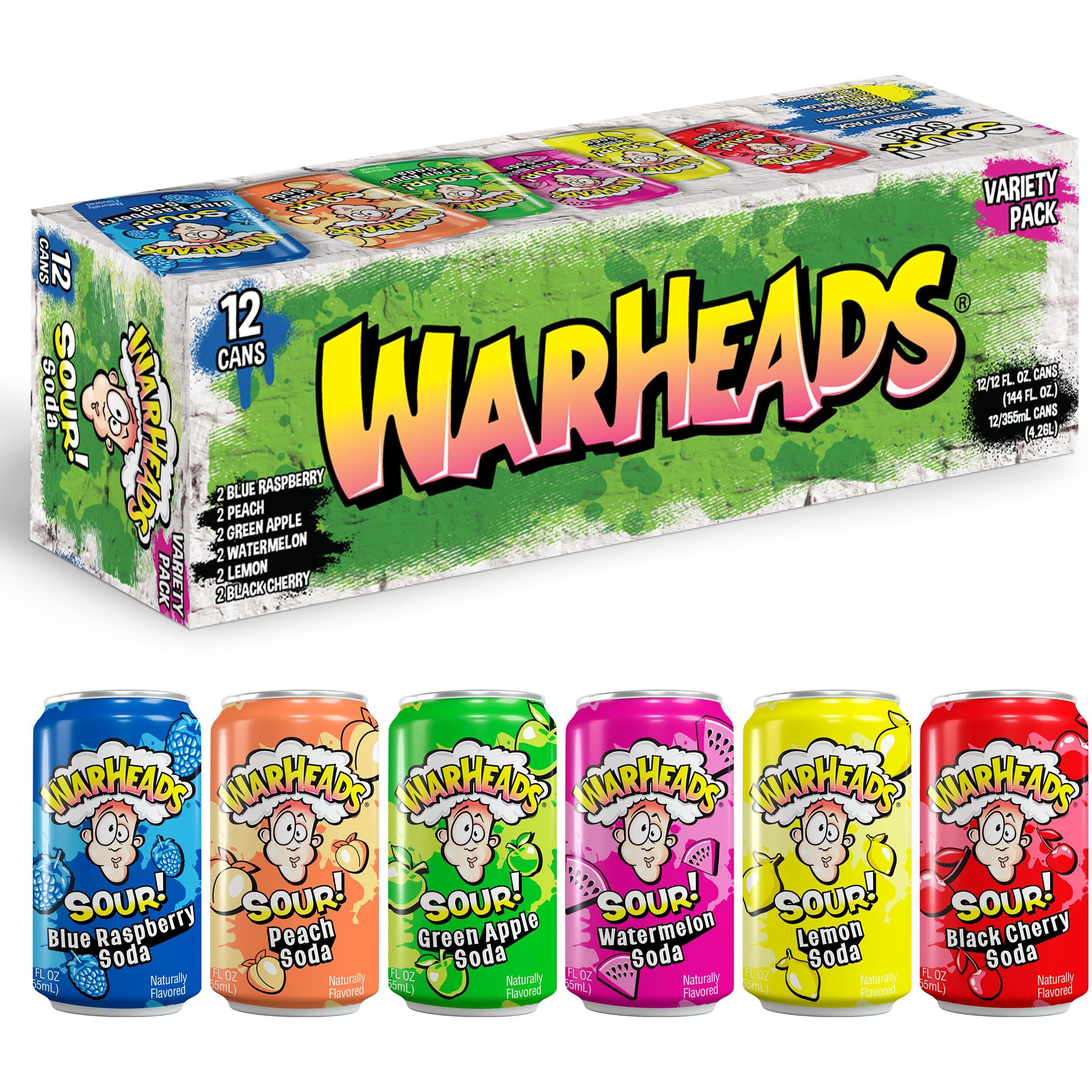 Sour Fruity Soda With Classic Warheads Flavors - Perfectly Balanced Sweet And Sour Soda - Warheads Candy Throwback Treat, Soda, Cocktail Mixer, Pack Of 12, 12Oz Cans (Variety Pack)