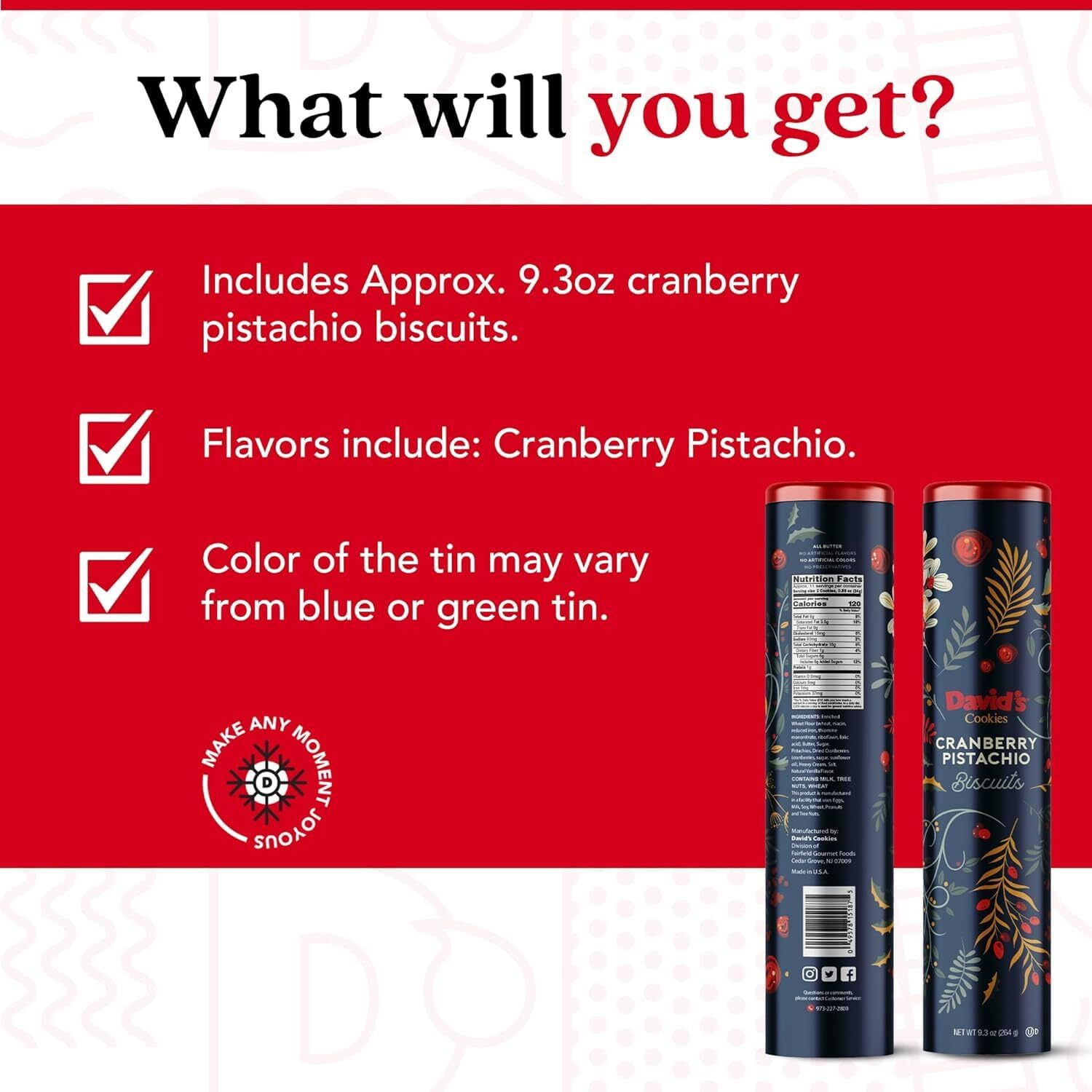 David's Cookies Cranberry Pistachio Biscuits 1-Pack - Irresistible Crunch, Gourmet Snacks & Bakery Treats - Ideal Cookie For Snacking And Gifting - Delicious Delightful Food Gift For Kids And Adults For Any Occasions