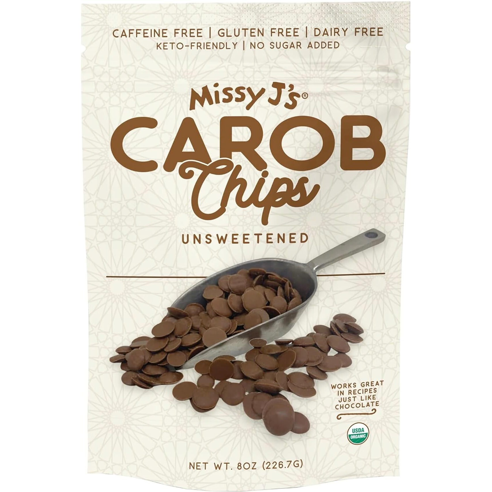 Missy J's Organic Unsweetened Carob Chips 8 Oz, Vegan, Gluten And Caffeine Free, Healthy Substitute For Chocolate, Perfect For Snacks And Treats