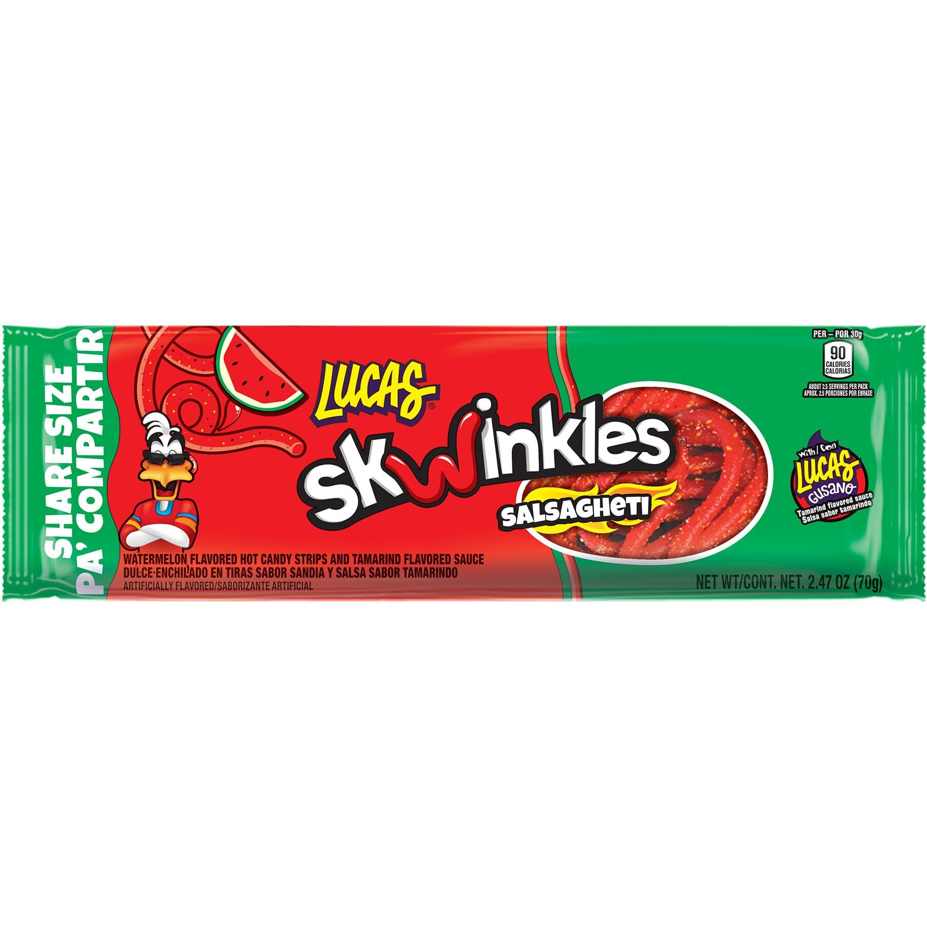 Lucas Salsagheti Watermelon Flavored Sweet & Hot Candy Strips And Tamarind Flavored Sauce, King Size 2.4 Oz - 6 Pieces Pack For Treats, Snack, Parties, Piatas