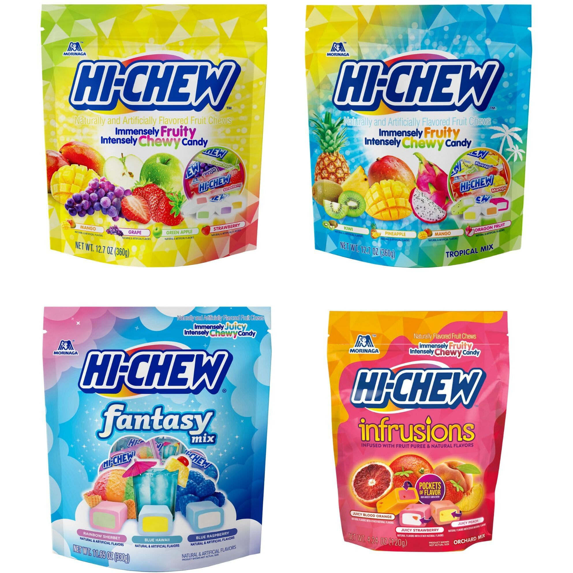 Hi-Chew Variety Mix, 4 Stand Up Pouches - 13 Flavored Bulk Candy, Sweet And Sour Chewy Candy, Unique Fun Soft - Immensely Juicy Fruity Flavors For Sharing Treats