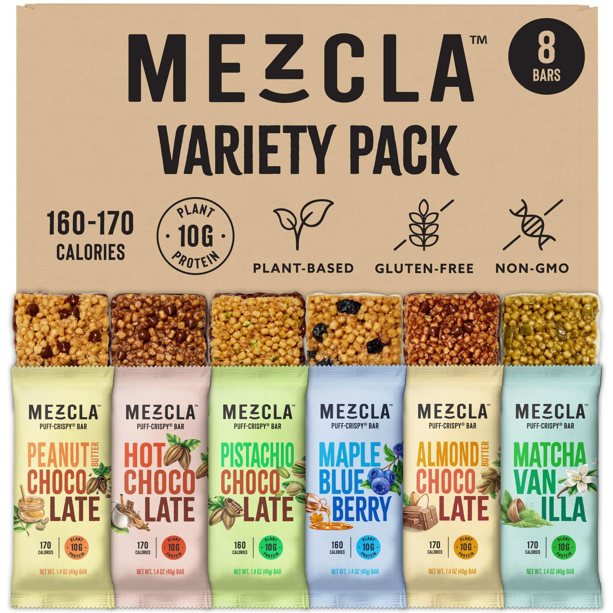 Mezcla Puff Crispy Protein Bars, Gluten Free & Vegan Protein Bars, 10G Protein, Alt For Crispy Rice Treat, Granola Bars & Breakfast Bars, Healthy Snacks For Adults, Variety Pack, 8 Count