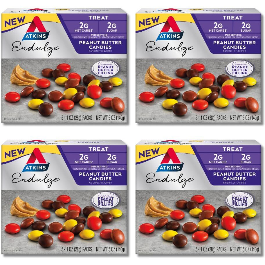 Atkins Endulge Treat, Peanut Butter Candies, 2G Net Carbs, 2G Sugar, Creamy Peanut Butter Filling, Low Carb, Low Sugar, 4 Packs (5 Count Each)