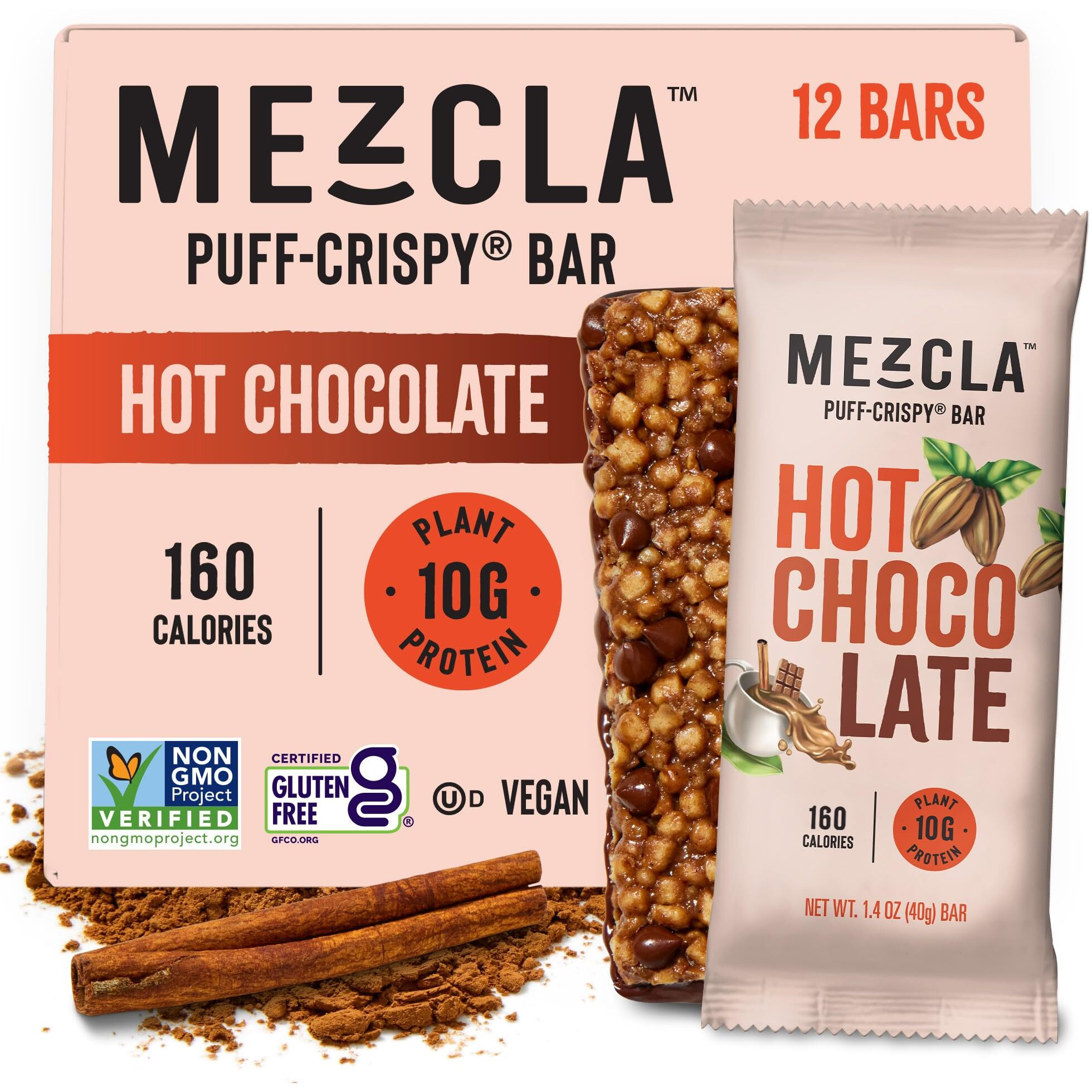 Mezcla Puff Crispy Protein Bars, Gluten Free & Vegan Protein Bars, 10G Protein, Alt For Crispy Rice Treat, Granola Bars & Breakfast Bars, Healthy Snacks For Adults, Hot Chocolate, 12 Pack