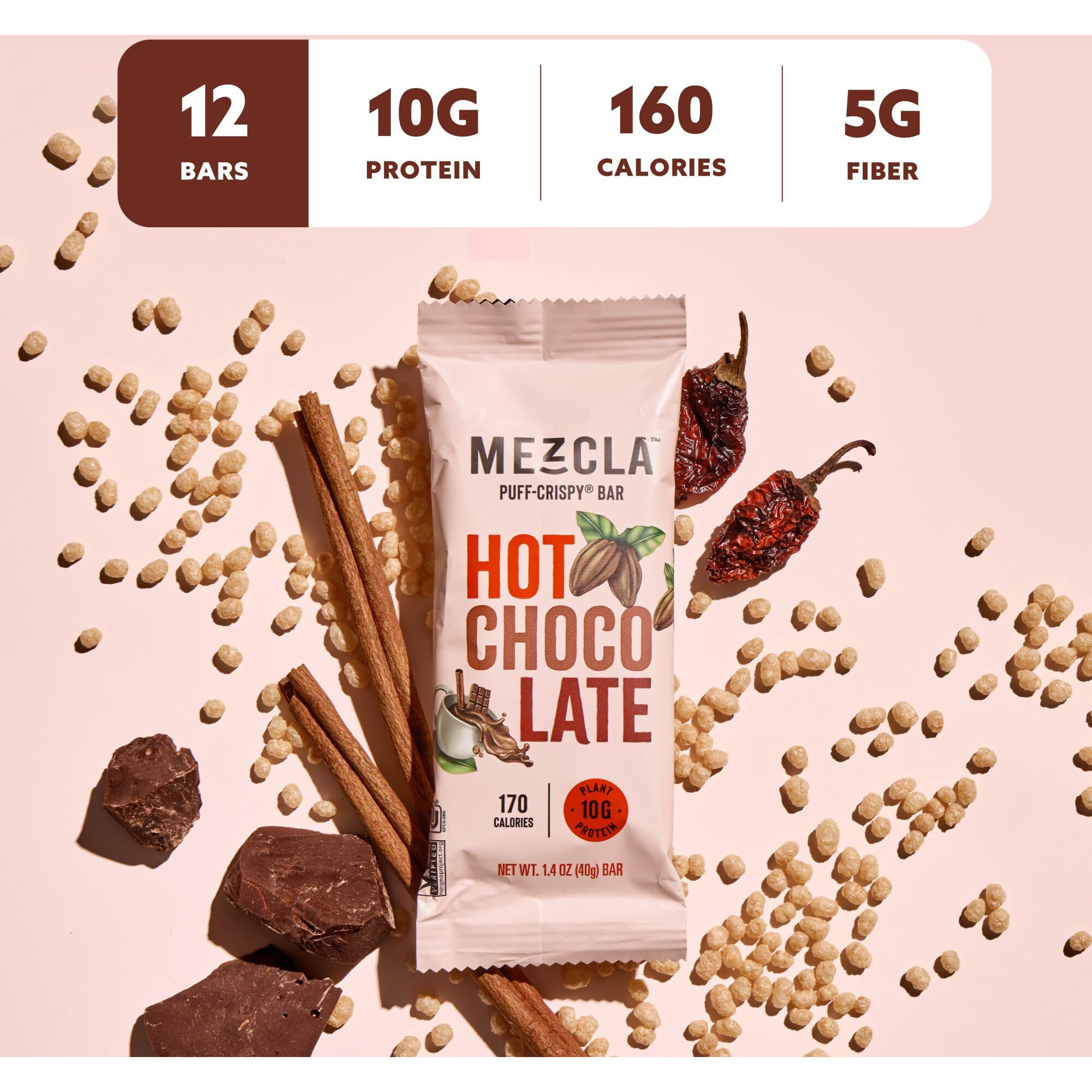Mezcla Puff Crispy Protein Bars, Gluten Free & Vegan Protein Bars, 10G Protein, Alt For Crispy Rice Treat, Granola Bars & Breakfast Bars, Healthy Snacks For Adults, Hot Chocolate, 12 Pack