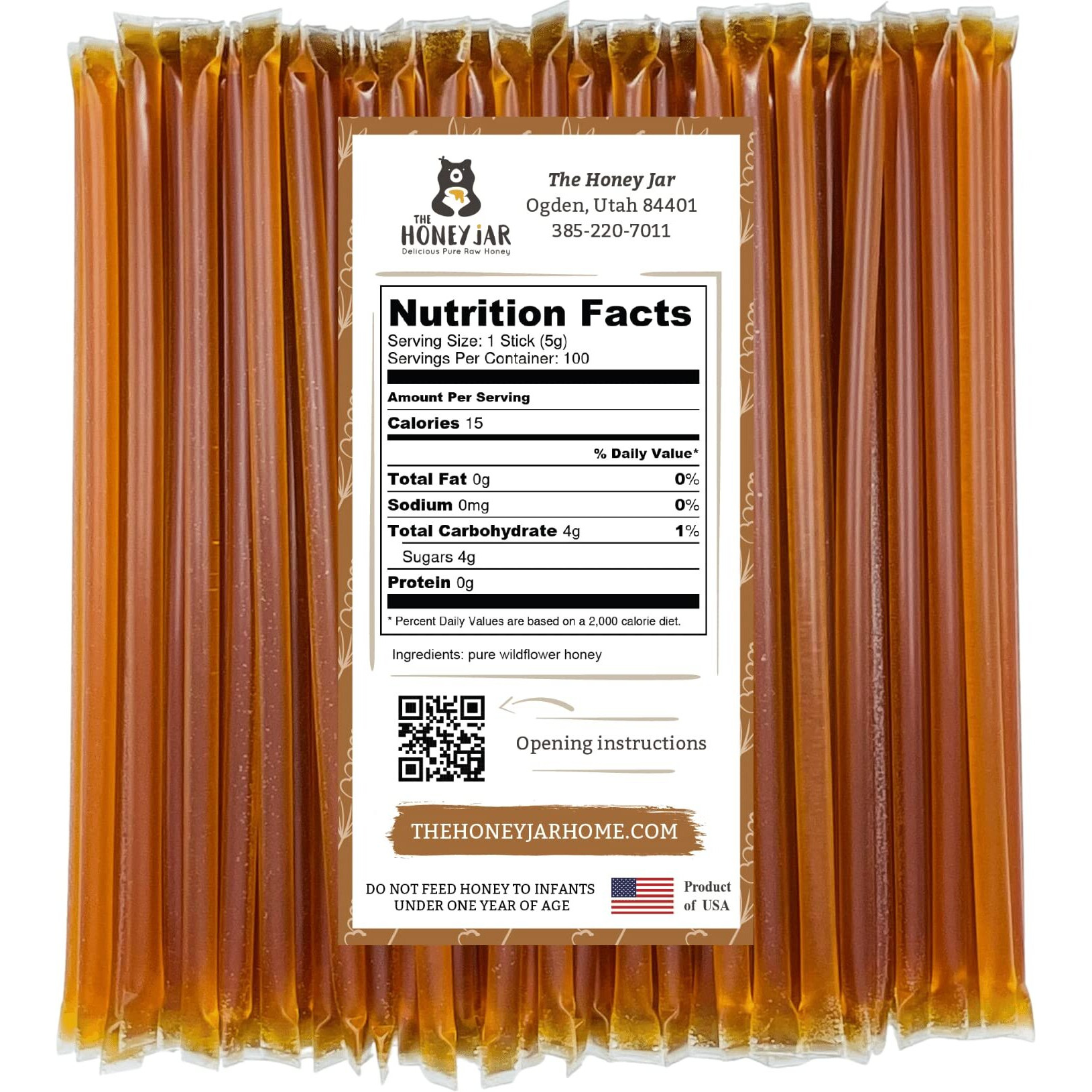 The Honey Jar - Wildflower Varietal Honey Sticks - Pure Honey Straws For Tea, Coffee, Or A Healthy Treat - One Teaspoon Of Flavored Honey Per Stick - Made In The Usa, Real Honey - (100 Count)