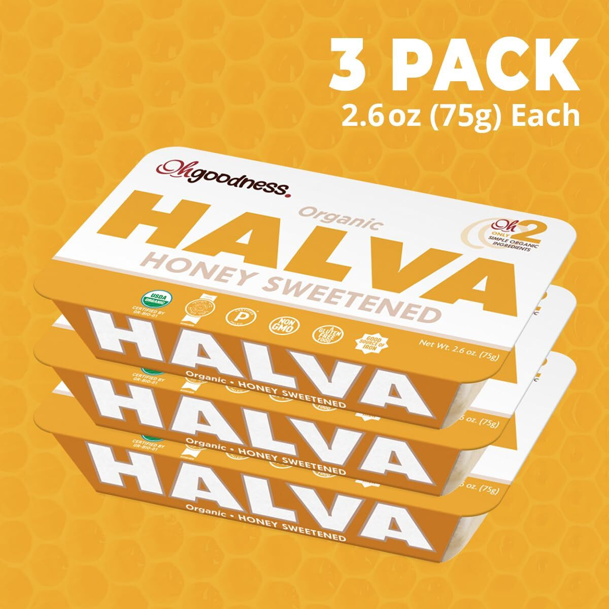 Ohgoodness Organic Honey Halva - 3 Pack - Only Two Simple Ingredients, Melt-In-Mouth Snack & Dessert, Honey Sweetened Treat Paleo & Scd Approved - (Honey - Organic Original) 75G