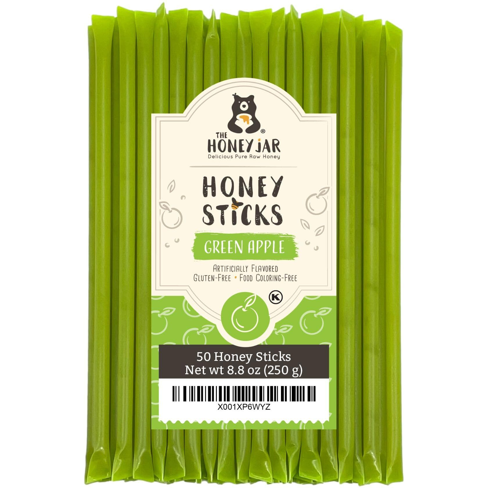 The Honey Jar Green Apple Flavored Honey Sticks - Pure Honey Straws For Tea, Coffee, Or A Healthy Treat - One Teaspoon Of Flavored Honey Per Stick - Made In The Usa With Real Honey - (50 Count)