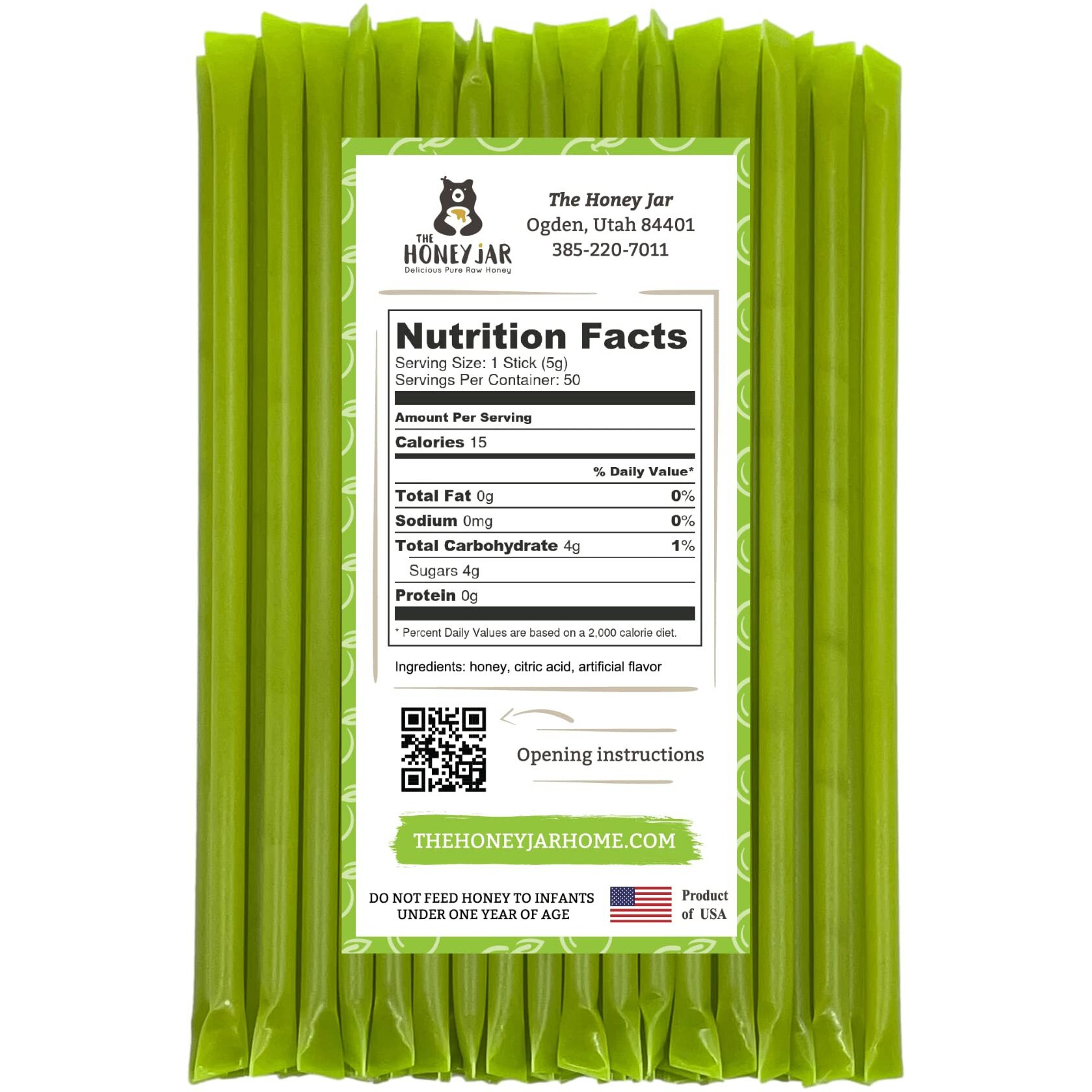 The Honey Jar Green Apple Flavored Honey Sticks - Pure Honey Straws For Tea, Coffee, Or A Healthy Treat - One Teaspoon Of Flavored Honey Per Stick - Made In The Usa With Real Honey - (50 Count)