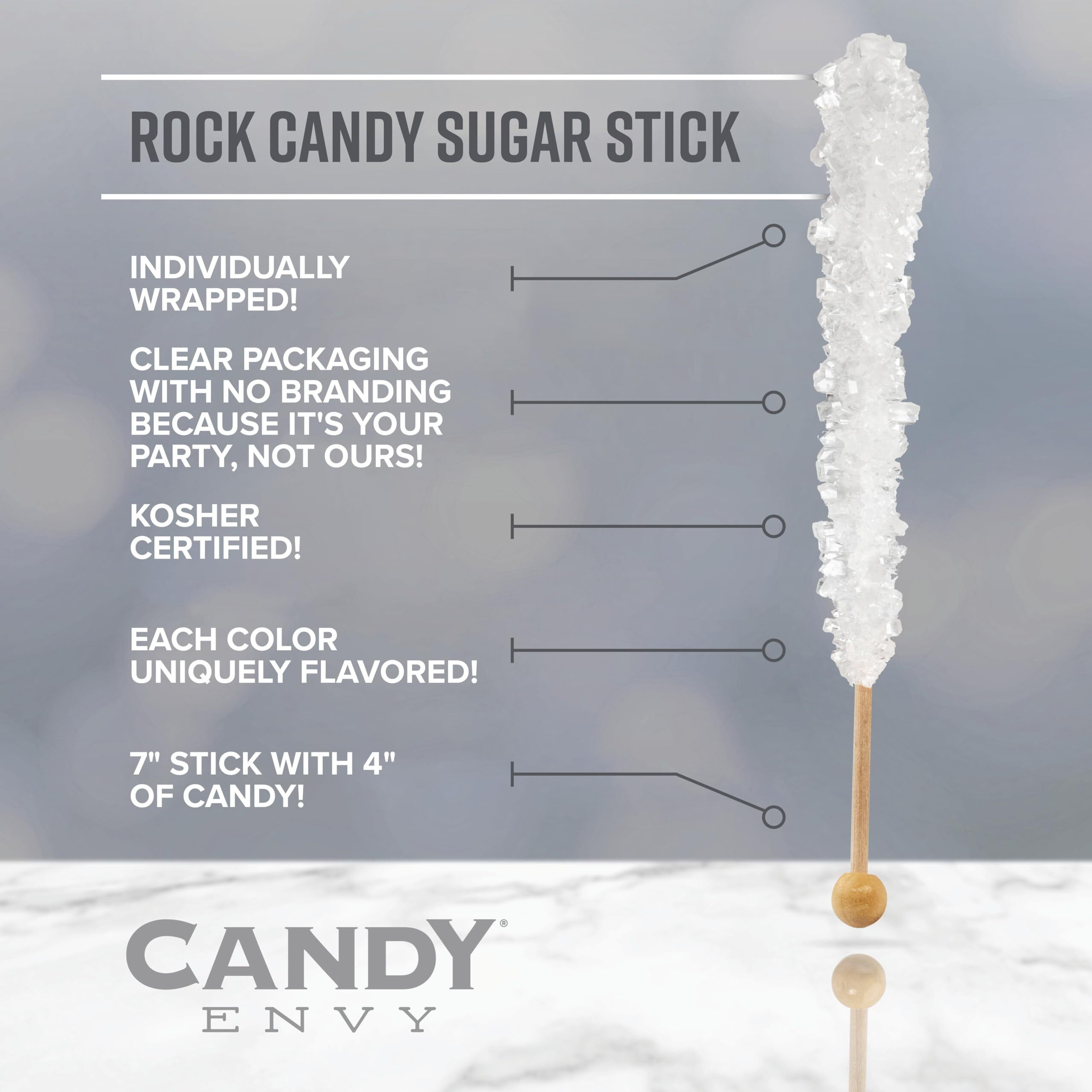 Candy Envy - Assorted Rock Candy Sugar Sticks - 24 Individually Wrapped Treats - Assorted Colors & Flavors