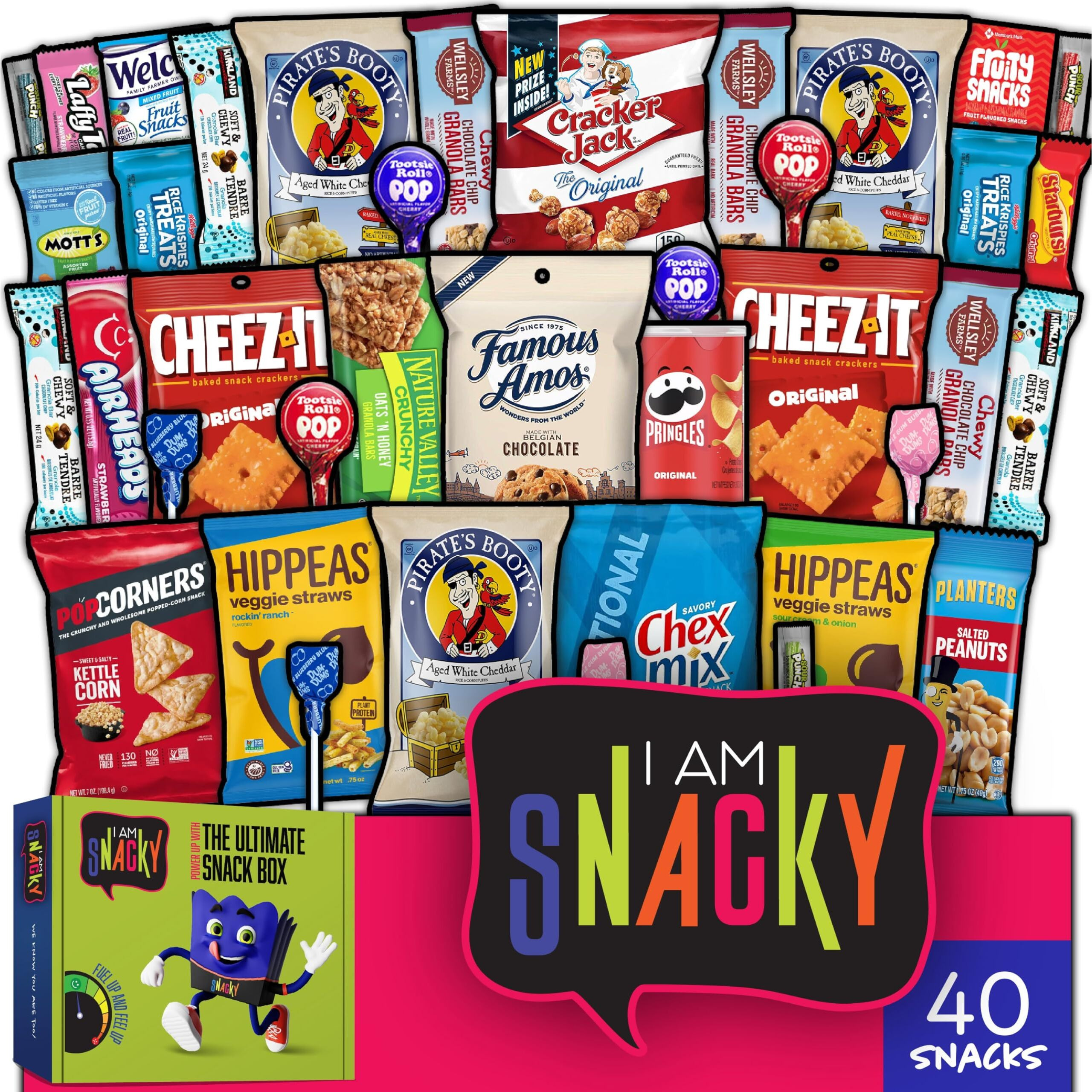 I Am Snacky - Back To School Snack Box Care Package + Greeting Card - Snacky's Bash Box (40 Count) Birthday Sweet Treats Gift Basket, Candies Chips - Corporate