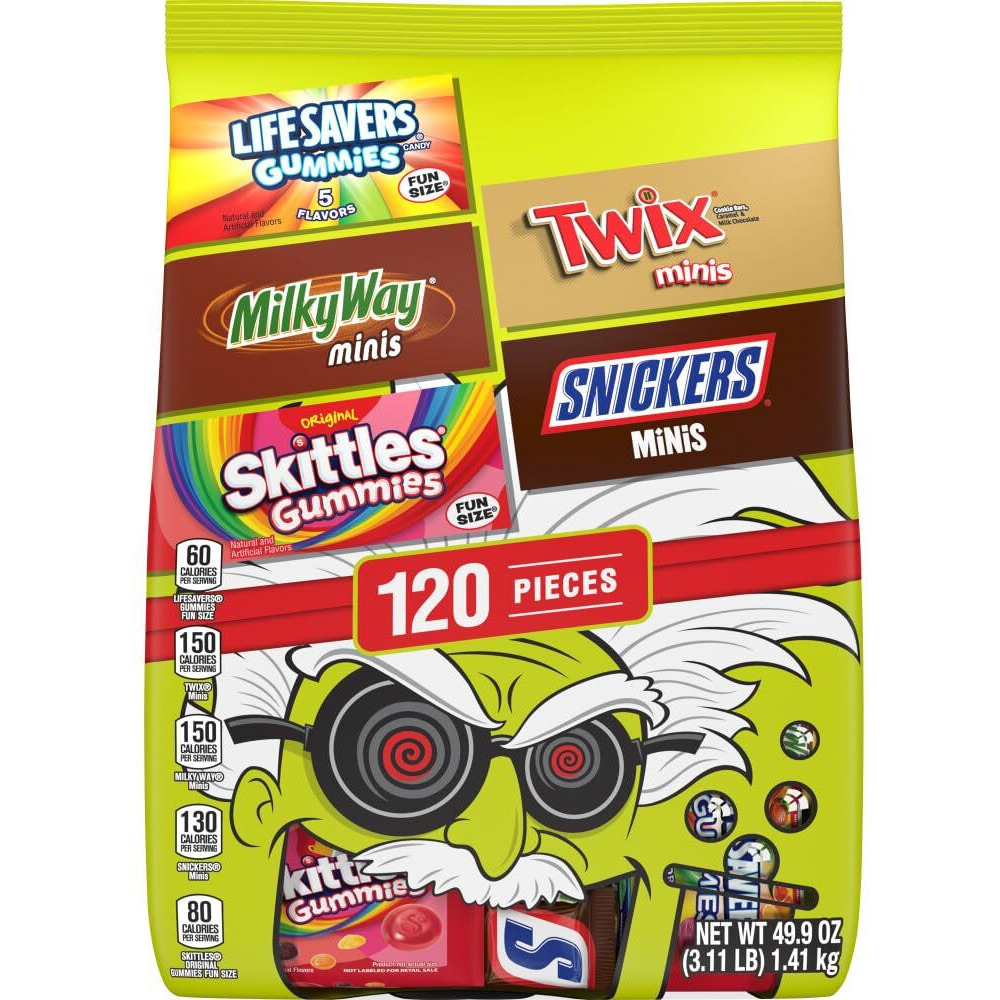 Snickers Minis, Skittles Gummies Fun Size, Life Savers Gummies Fun Size, Milky Way Minis & Twix Minis Milk Chocolate Halloween Candy And Gummy Halloween Candy Individually Wrapped Trick Or Treat Halloween Candy Variety Pack, 120 Ct Bulk Bag