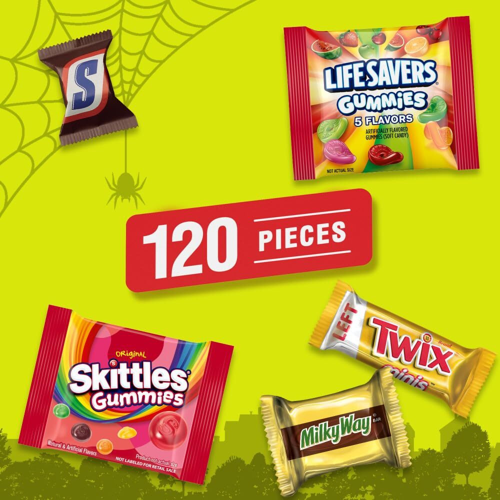 Snickers Minis, Skittles Gummies Fun Size, Life Savers Gummies Fun Size, Milky Way Minis & Twix Minis Milk Chocolate Halloween Candy And Gummy Halloween Candy Individually Wrapped Trick Or Treat Halloween Candy Variety Pack, 120 Ct Bulk Bag