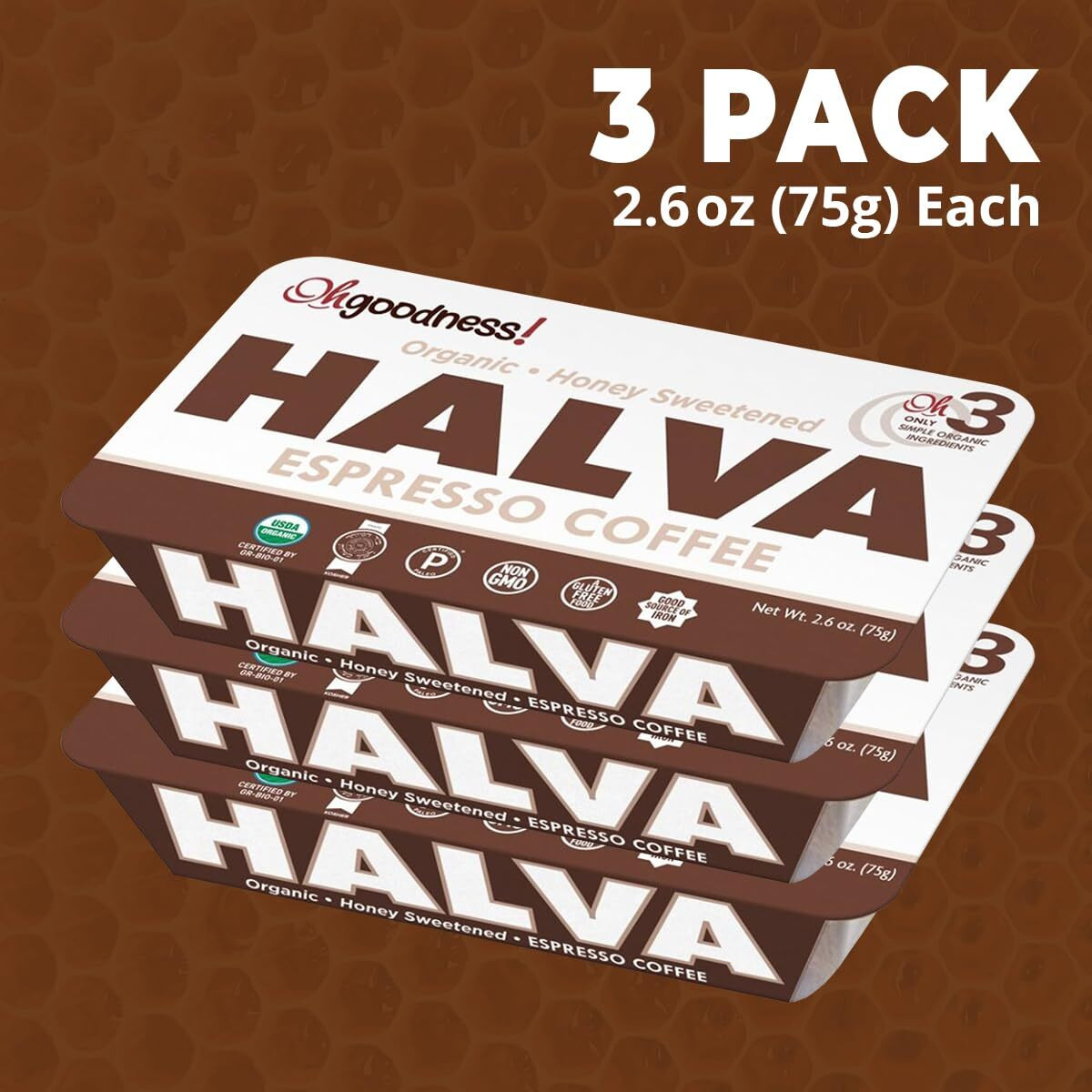 Ohgoodness Organic Honey Halva - 3 Pack - Only Three Simple Ingredients, Melt-In-Mouth Snack & Dessert, Honey Sweetened Treat Paleo & Scd Approved - (Honey - Espresso Coffee) 75G