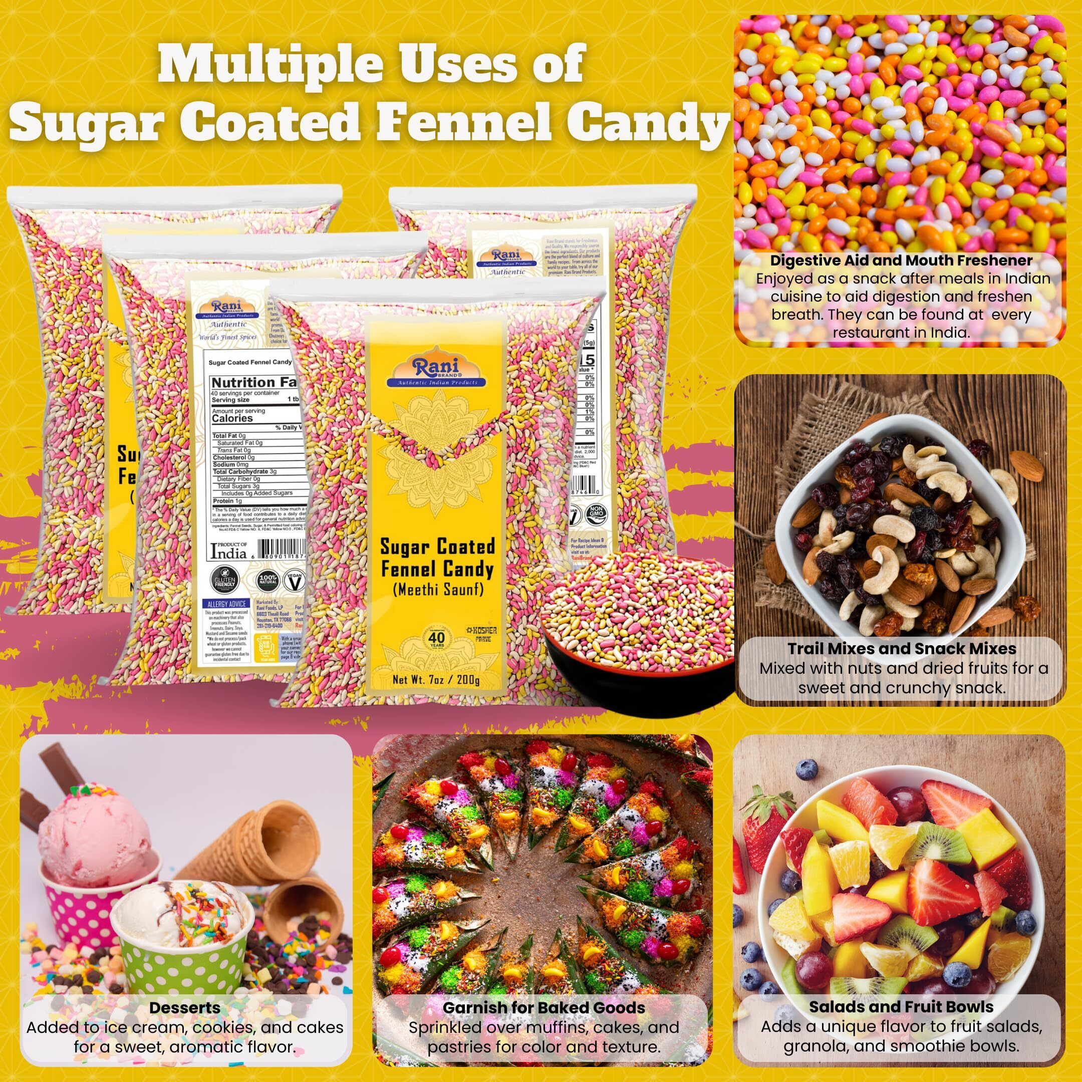Rani Sugar Coated Fennel Candy 7Oz 200G (Pack Of 4, 28Oz/800G Total) ~ Indian After Meal Digestive Treat | Vegan | Gluten Friendly | Non-Gmo | Kosher | Indian Origin
