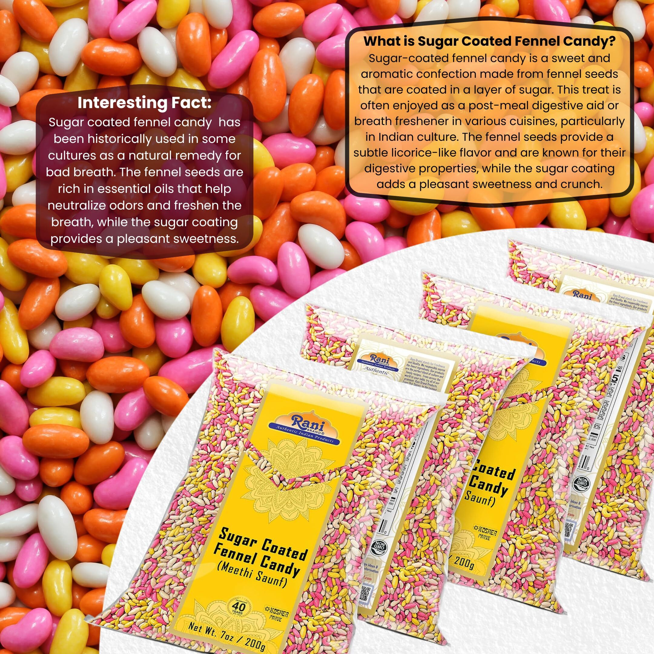 Rani Sugar Coated Fennel Candy 7Oz 200G (Pack Of 4, 28Oz/800G Total) ~ Indian After Meal Digestive Treat | Vegan | Gluten Friendly | Non-Gmo | Kosher | Indian Origin
