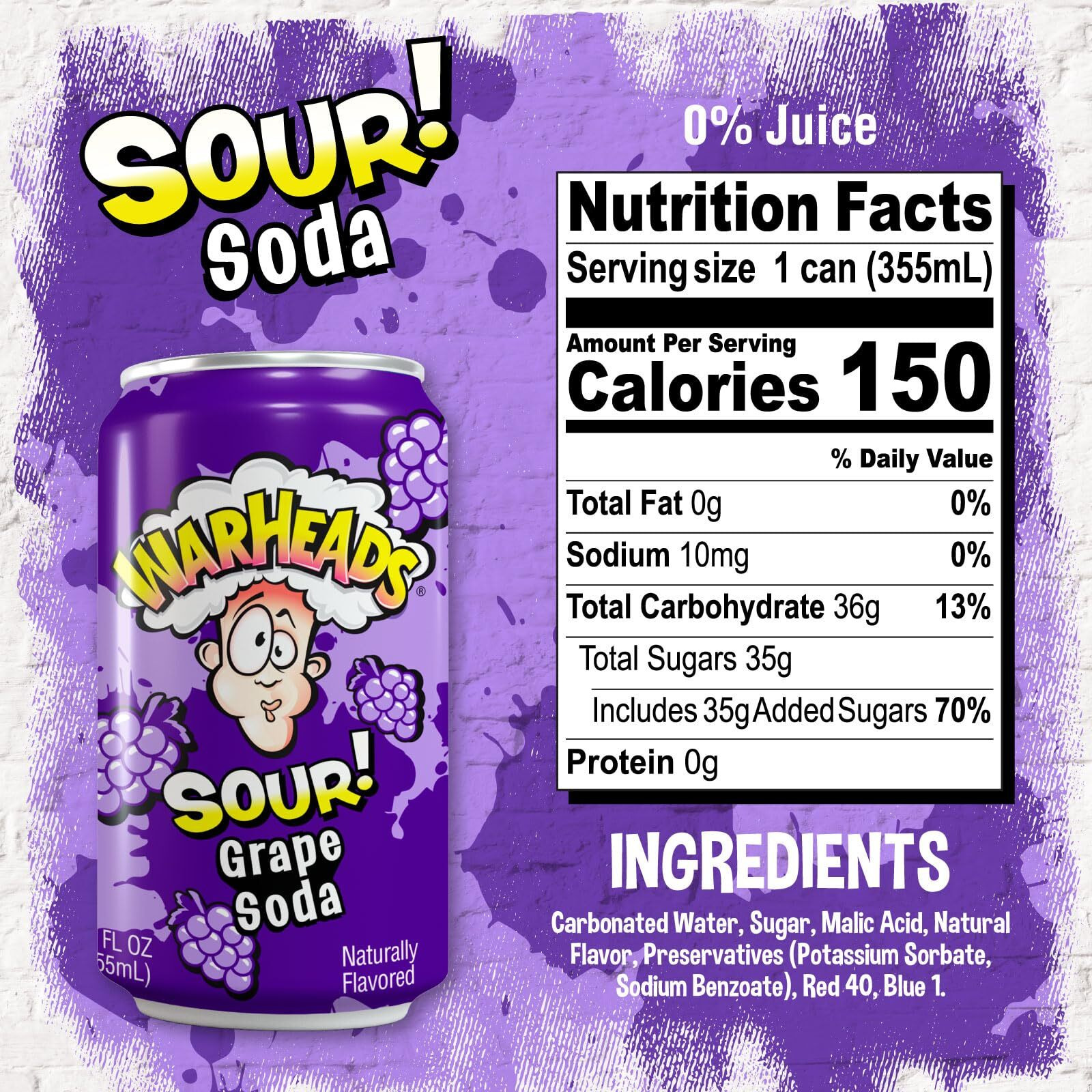 Sour Fruity Soda With Classic Warheads Flavors - Perfectly Balanced Sweet And Sour Soda - Warheads Candy Throwback Treat, Soda, Cocktail Mixer, Pack Of 12, 12Oz Cans (Grape)