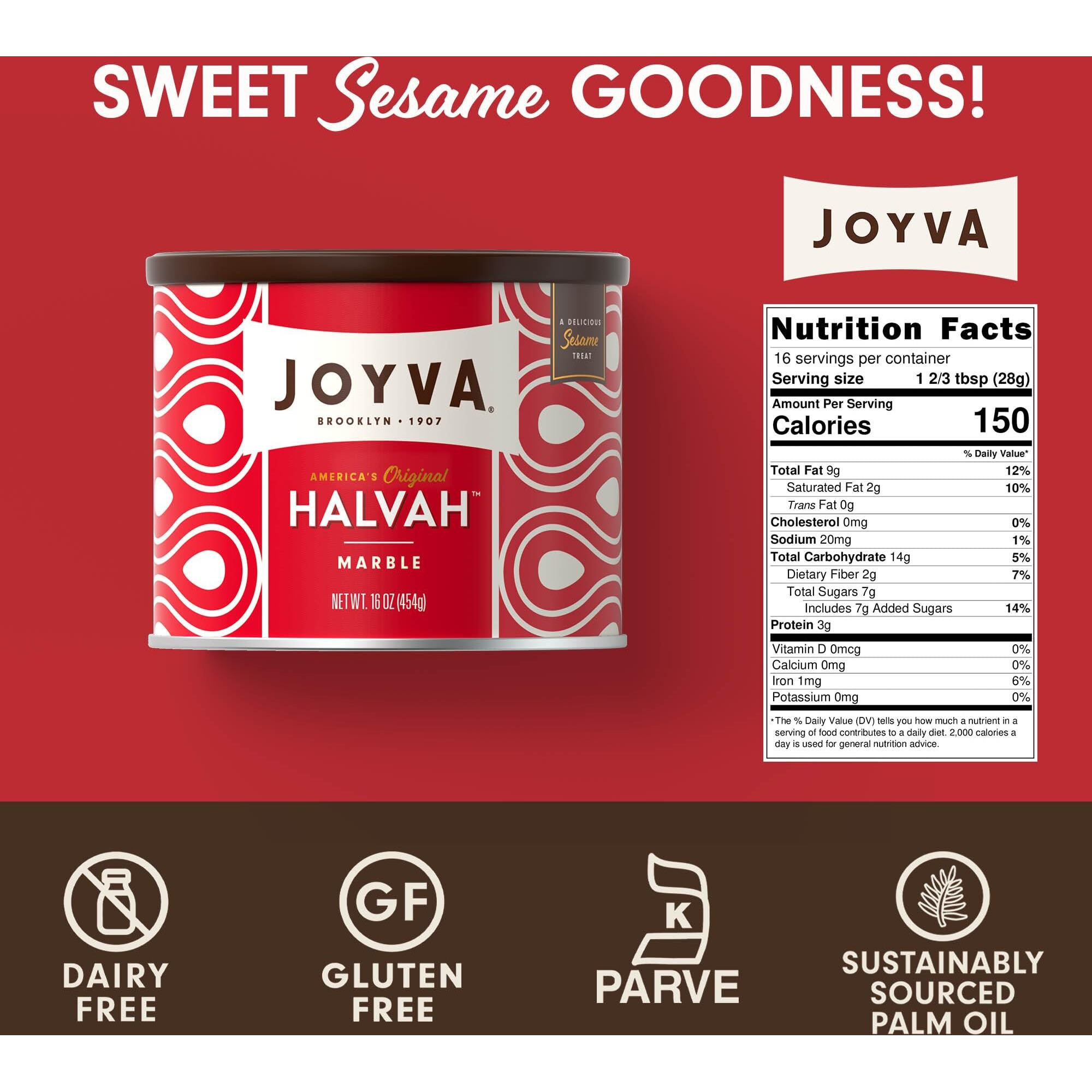Joyva Halvah - Marble, 16Oz | A Delicious Sesame Treat | Dairy Free, Gluten-Free & Kosher Parve | Handcrafted In Brooklyn| Pack Of 1