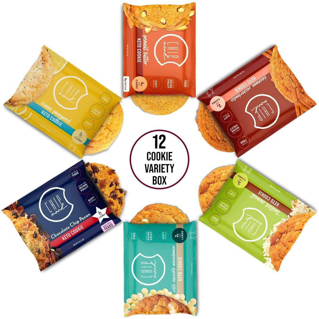 Chipmonk Keto Cookies - Variety Pack (12 Pack) Low Carb Keto Snacks - Gluten-Free, High Fat, Low Sugar, Ketogenic Sweet Snack Foods, Healthy Macro Nutrition Treats