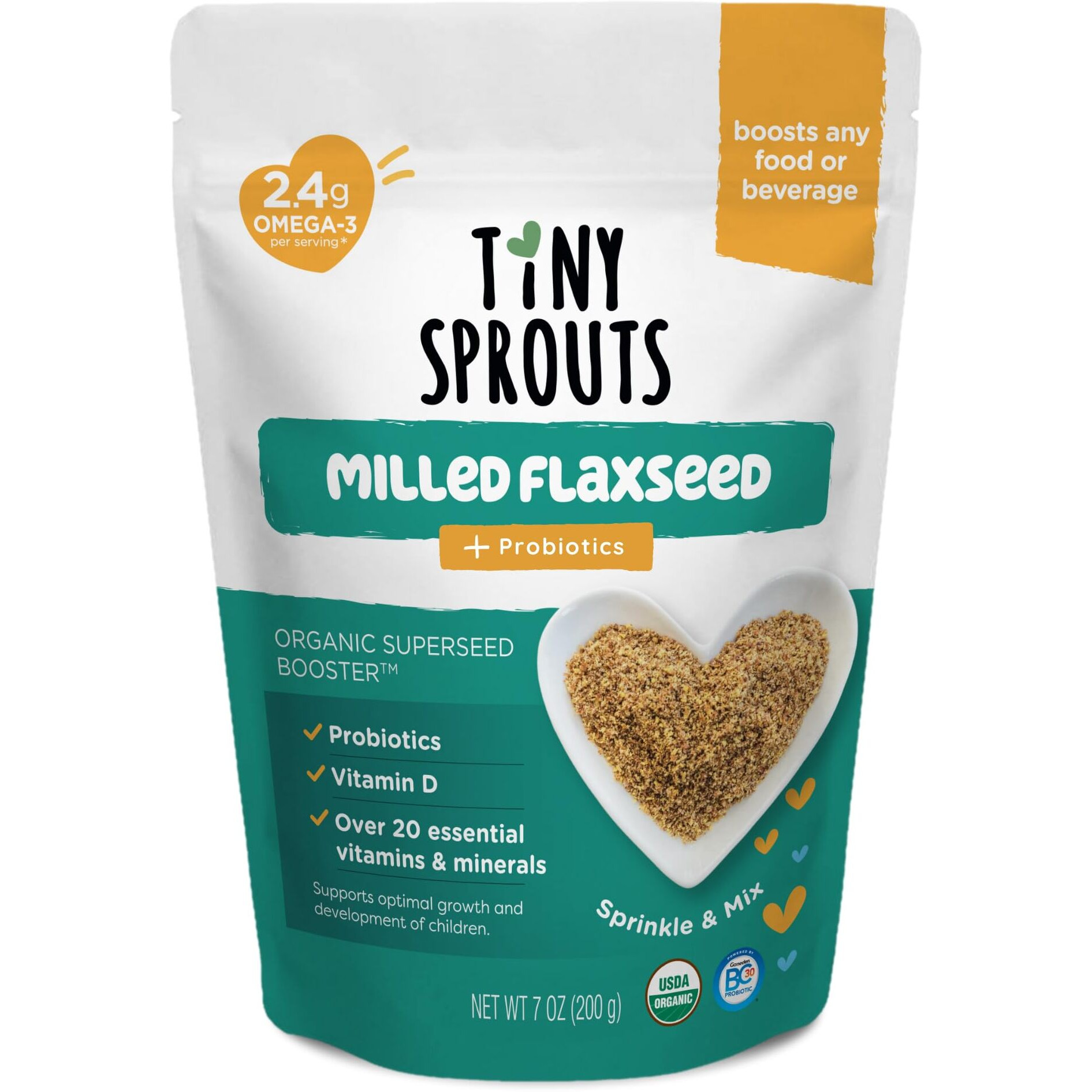 Superseed Organic Milled Flaxseed + Full Serving Probiotic + Vitamin D3 I Superseed Booster For Babies 6M+ Toddler Kid I Gluten & Dairy Free I Omega 3, Prebiotic, Calcium, Iron (7.00 Ounce (Pack Of 1)