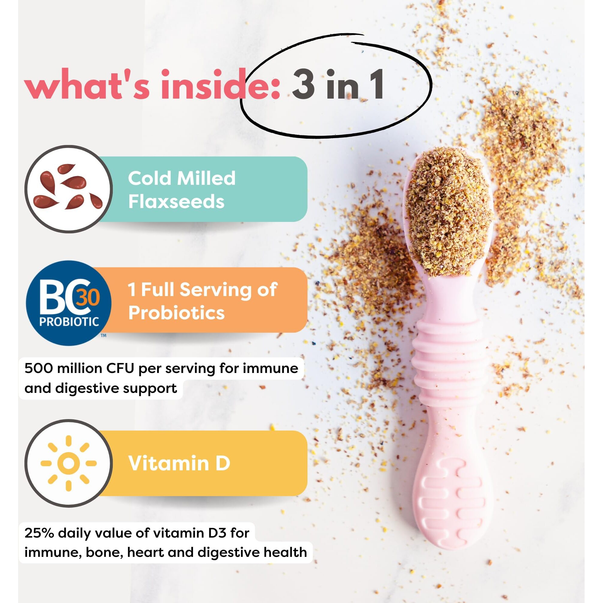 Superseed Organic Milled Flaxseed + Full Serving Probiotic + Vitamin D3 I Superseed Booster For Babies 6M+ Toddler Kid I Gluten & Dairy Free I Omega 3, Prebiotic, Calcium, Iron (7.00 Ounce (Pack Of 1)