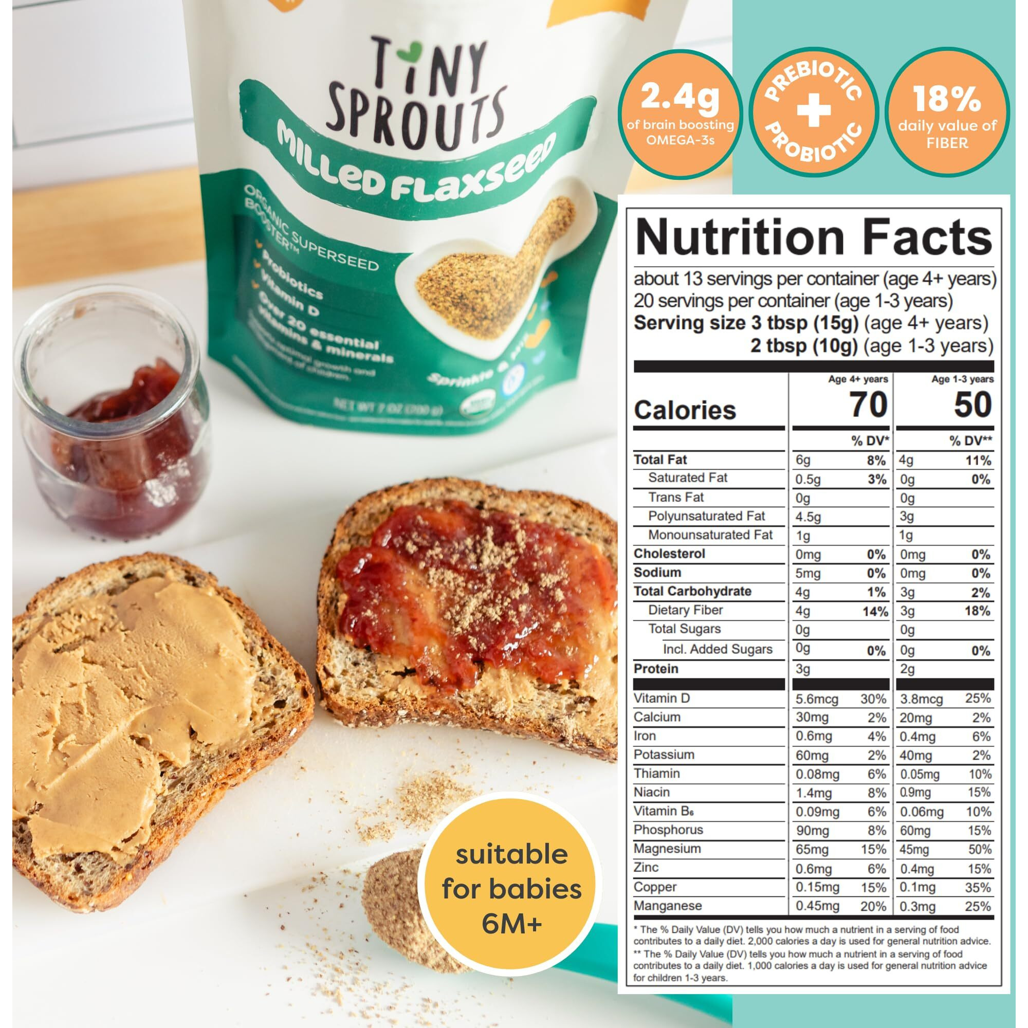 Superseed Organic Milled Flaxseed + Full Serving Probiotic + Vitamin D3 I Superseed Booster For Babies 6M+ Toddler Kid I Gluten & Dairy Free I Omega 3, Prebiotic, Calcium, Iron (7.00 Ounce (Pack Of 1)
