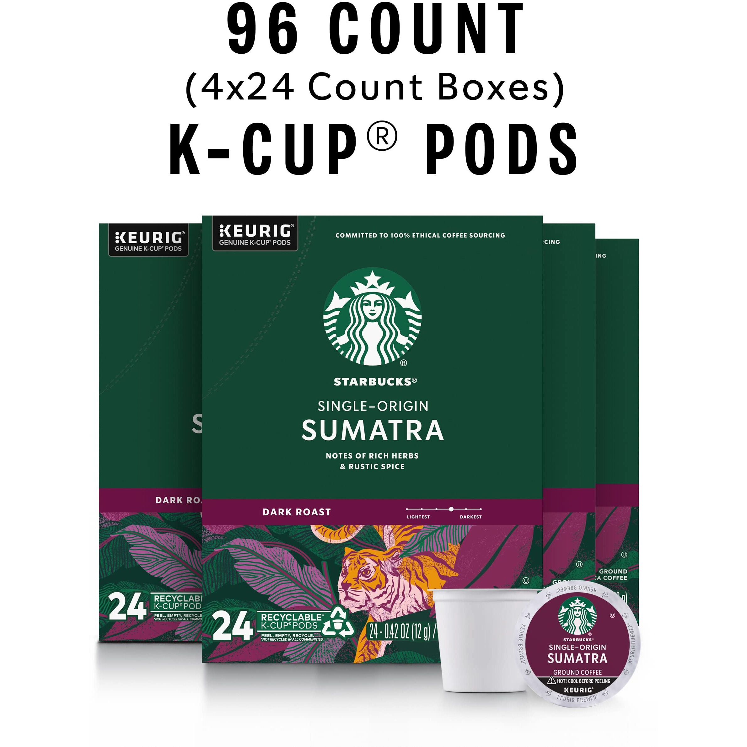 Starbucks K-Cup Coffee Pods, Dark Roast Coffee, Sumatra For Keurig Brewers, 100% Arabica, 4 Boxes (96 Pods Total)